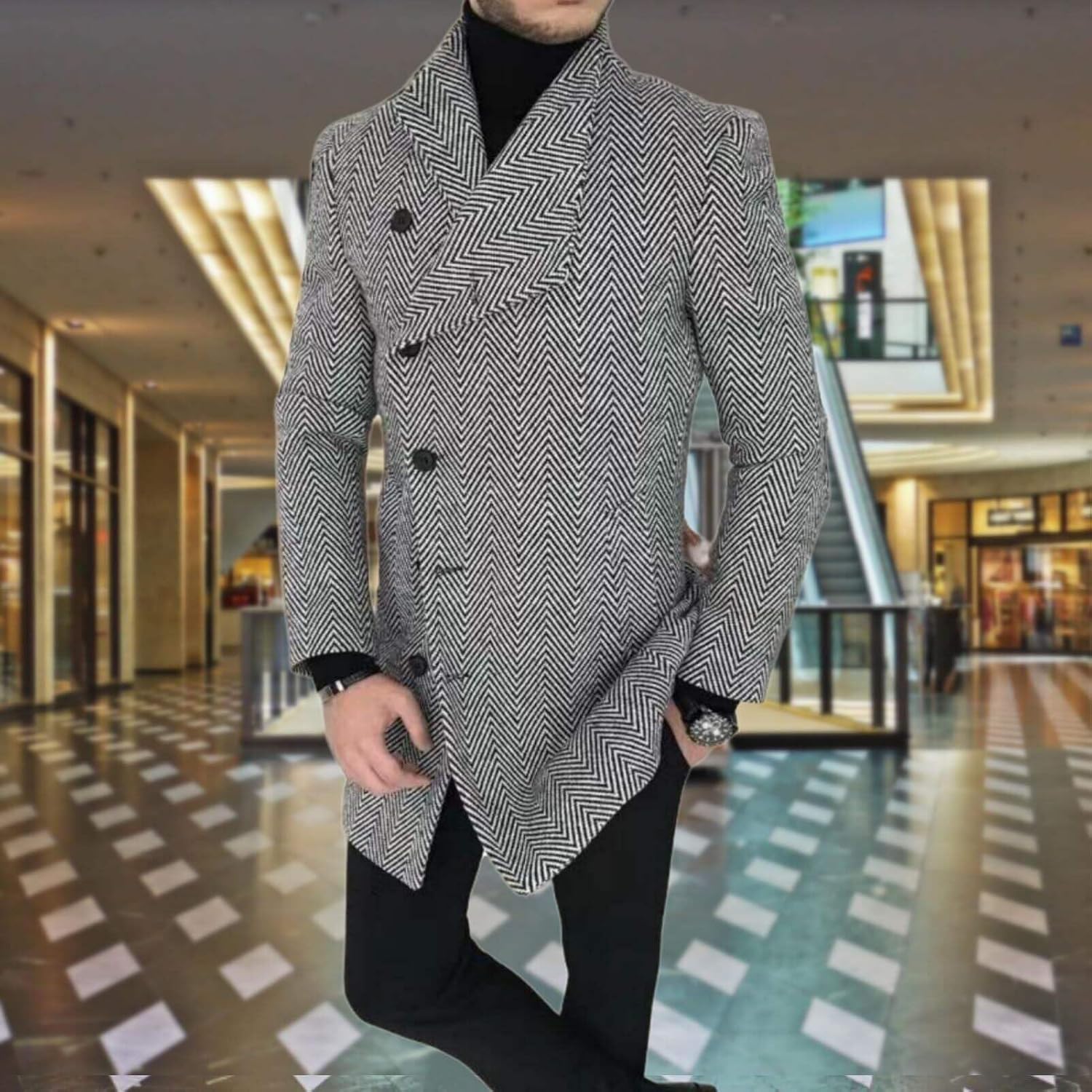Men's Plaid Long Trench Coat Mid - Length Lapel Collar Button Down Warm Overcoat for Winter & Autumn Fashion - Image 4