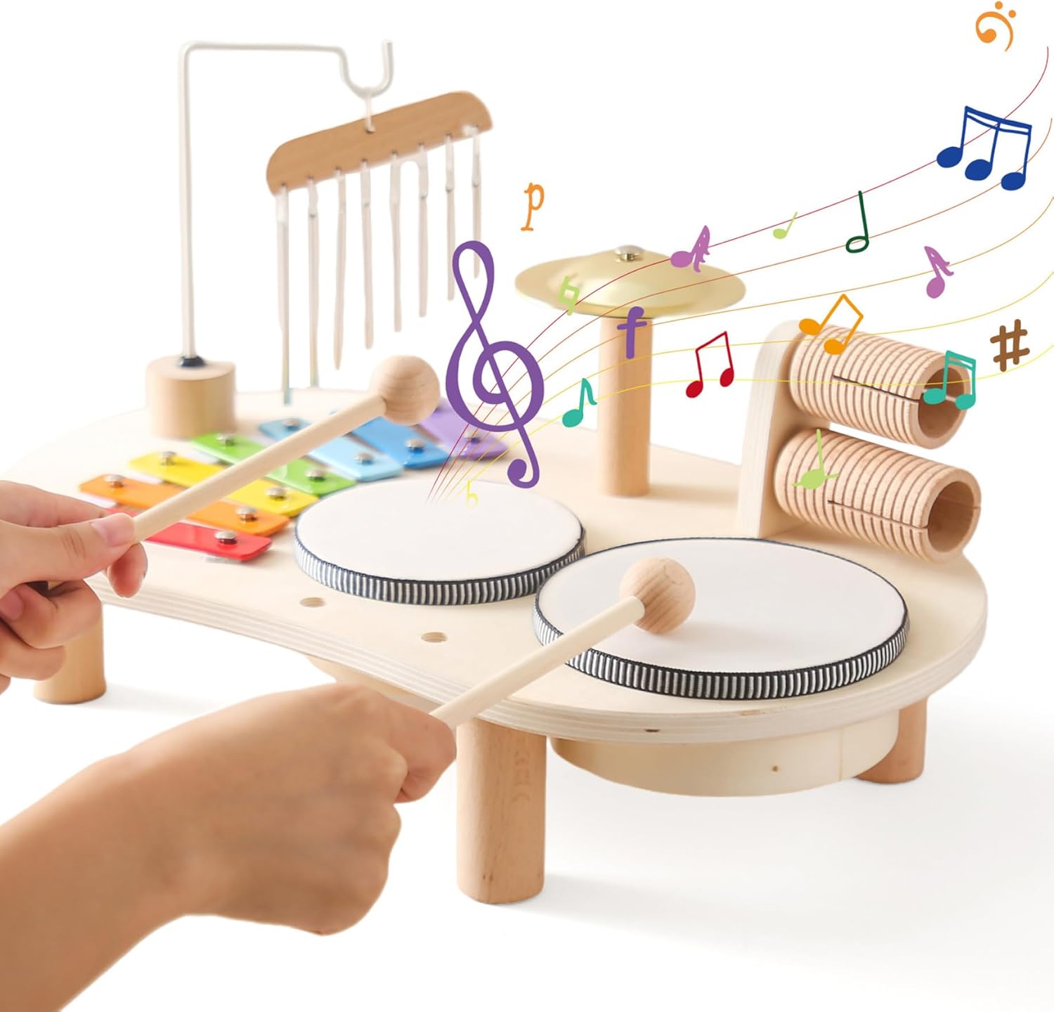Kids Drum Set 5 in 1 Wooden Toddler Drum Set Educational Kids Musical Instruments Baby Safe Enlightening Percussion Instruments for Birthday
