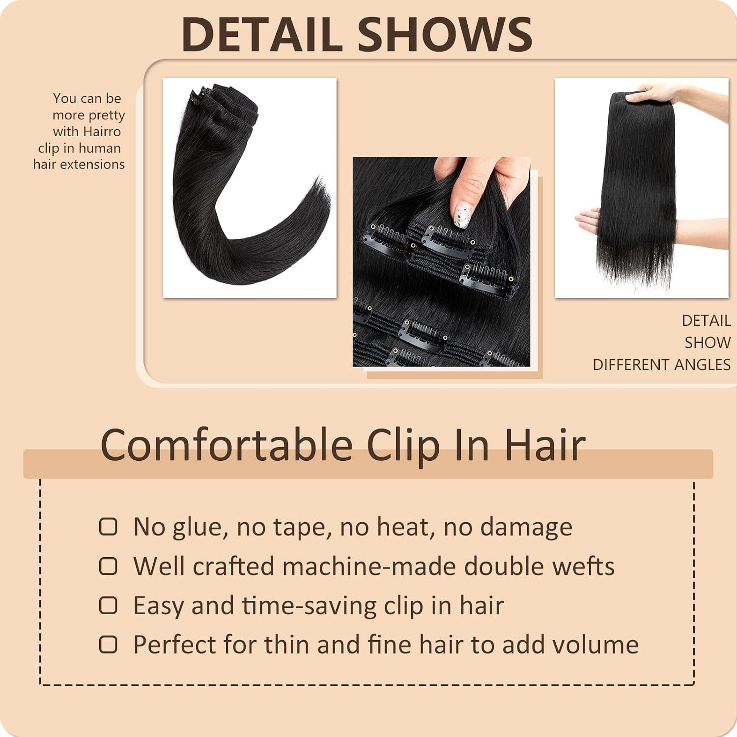 Hairro Clip In Hair Extensions Human Hair Remy Clip Ins For Women Double Weft Thick Natural Seamless Clip On Hairpieces 8 pcs 18 Clips Full Head Clip-in Real Hair 12" 115g #01 Dark Black