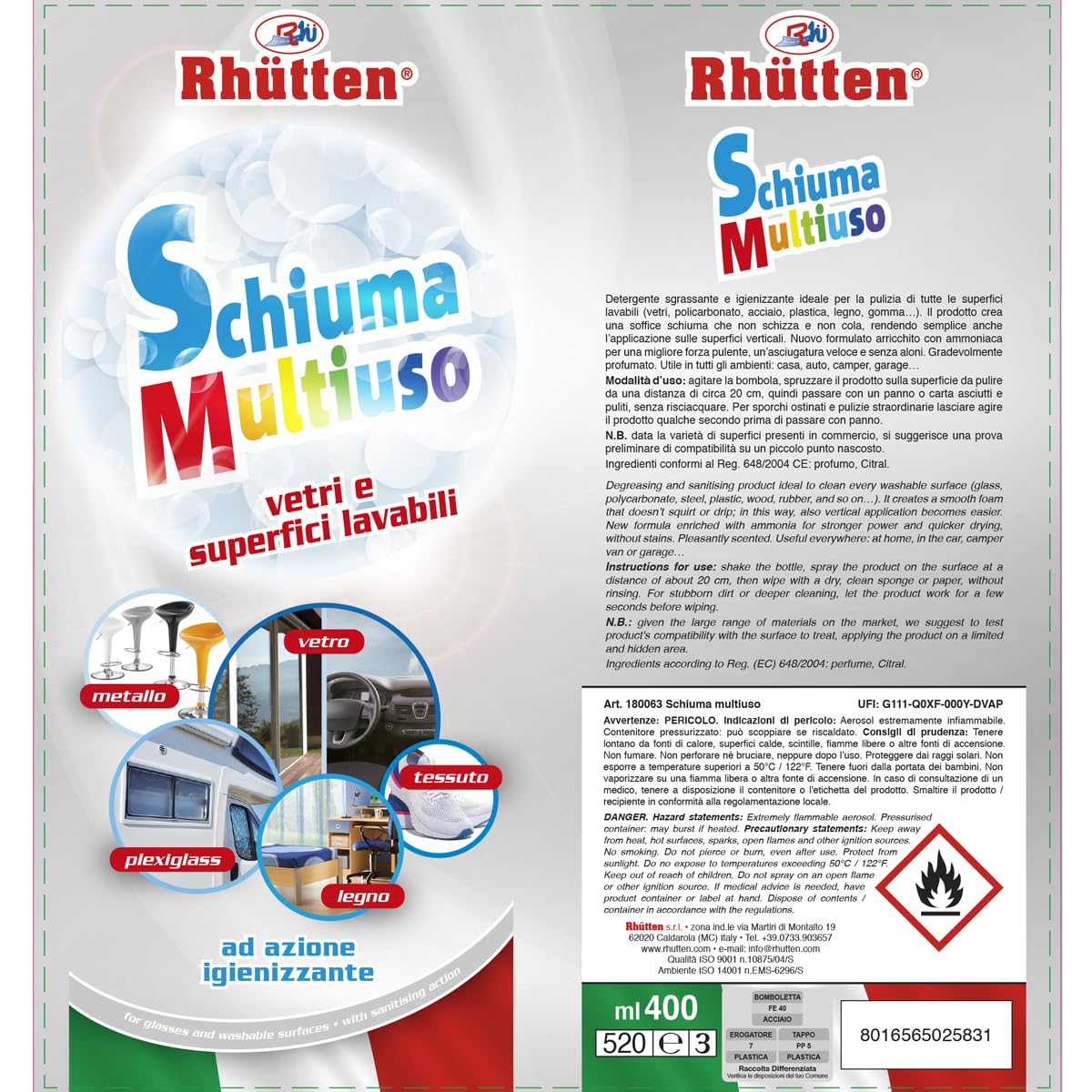 Schiuma Multiuso Igienizzante, Detergente per Tutte le Superfici Lavabili, con Ammoniaca, 400ml SPRAY