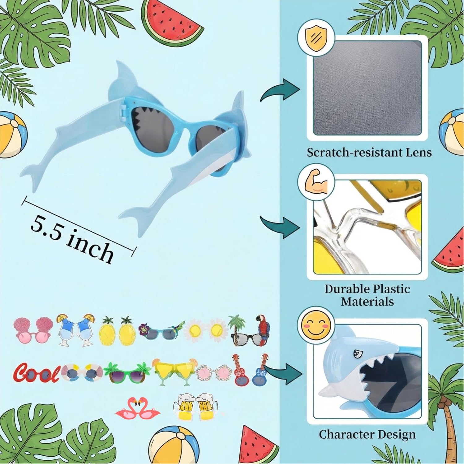 Pumtus 15 Pairs Luau Party Sunglasses, Plastic Novelty Funny Hawaiian Glasses, Tropical Fancy Dress Props, Summer Sunglasses Party Favors, Photo Booth Props, Party Accessory for Birthday, Themed Party