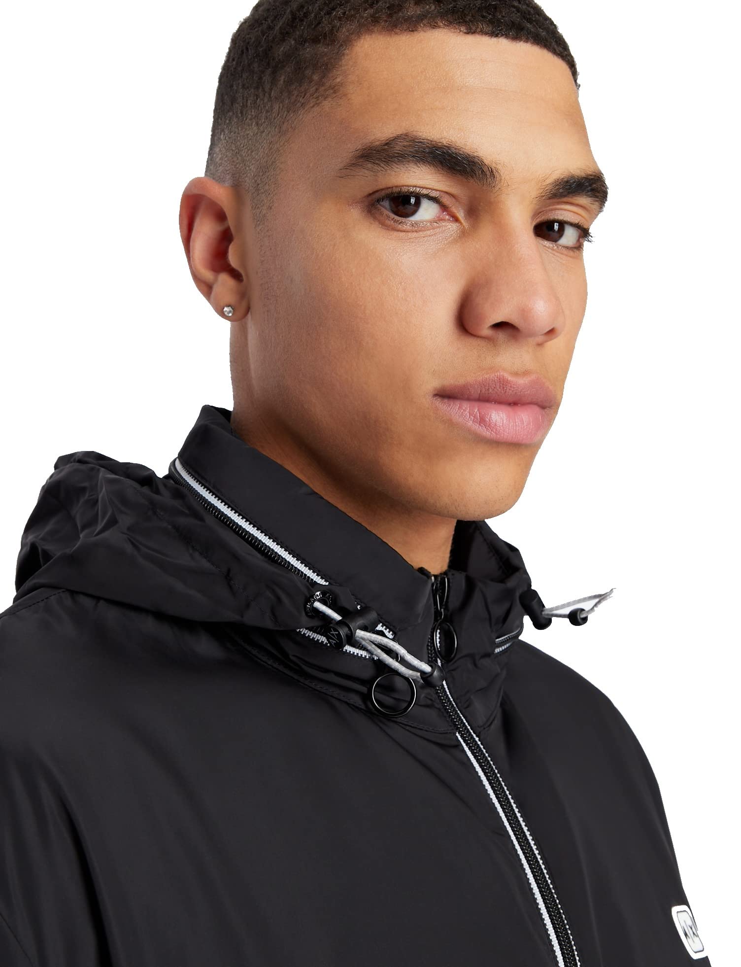 Armani Exchange Mens Packable, Hidden Hoodie, Two Zip Pockets on Front, Rubber Patch Logo Windbreaker, Black, ExtraExtra-Large