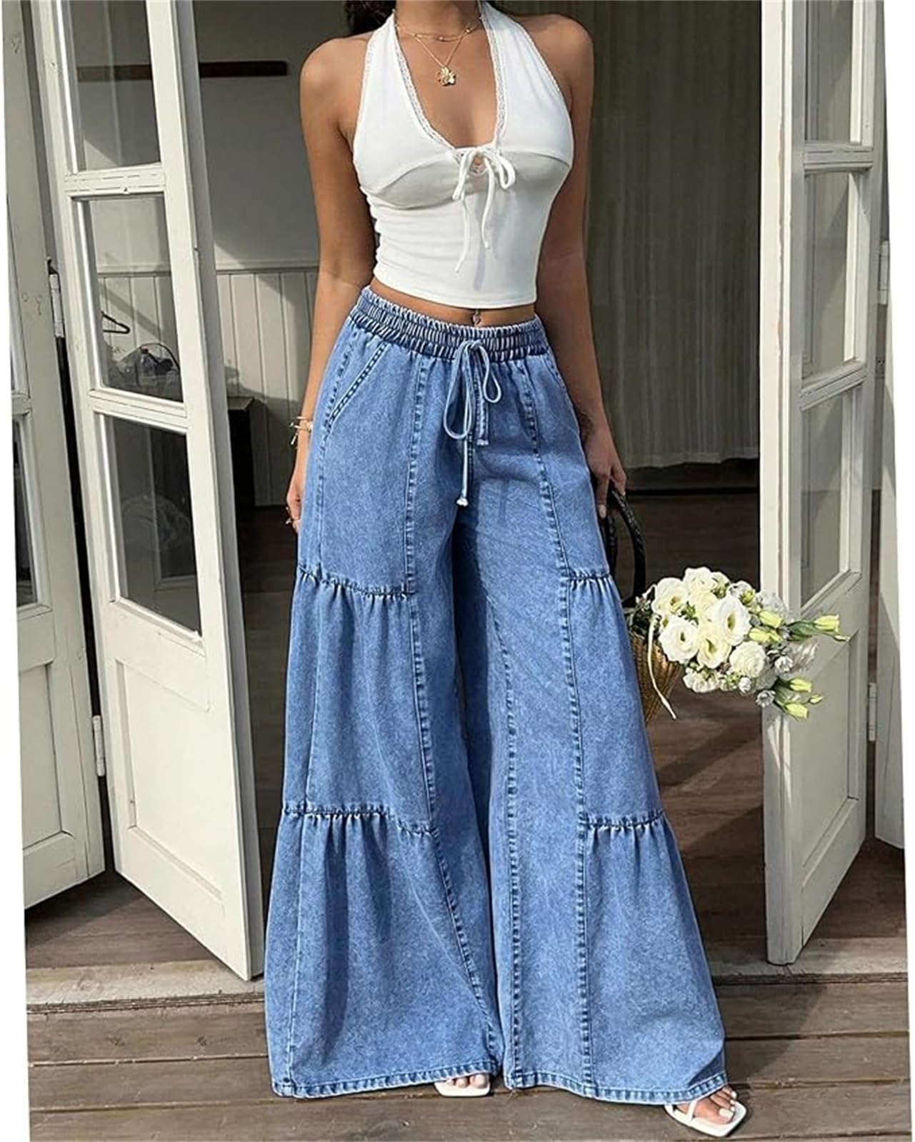 Pantalon Palazzo Femme Jambe Large Jean Flowy en Denim à Volants à Niveaux Taille Haute avec Cordon Poches