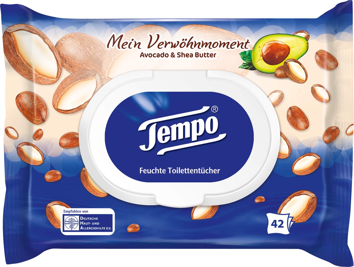 Tempo wilgotny papier toaletowy Mój moment rozpieszczający: masło awokado & shea, 1 opakowanie z 42 chusteczkami 8 szt. (8 x 1600 g)