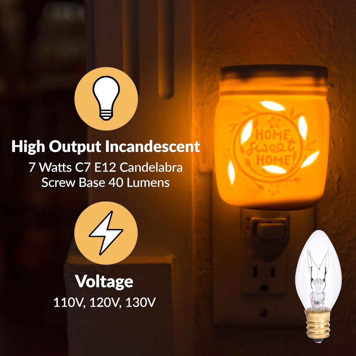 Simba Lighting C7 7W Replacement Bulb (6 Pack) for Night Light, Clear Candle Shape, 120V, E12 Candelabra Base, Dimmable, 2700K Warm White