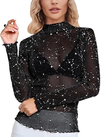 Womens Mesh Tops Glitter Sparkle Rhinestone Shirts See Through Tees Sheer Going Out Blouse