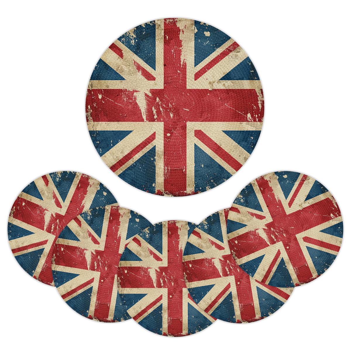 Vintage British Flag Round Placemats and Coasters Set of 6, Union Jack Woven Place Mats Heat Resistant Washable Table Mats for Dining Table Kitchen Home Party Restaurant, 38cm