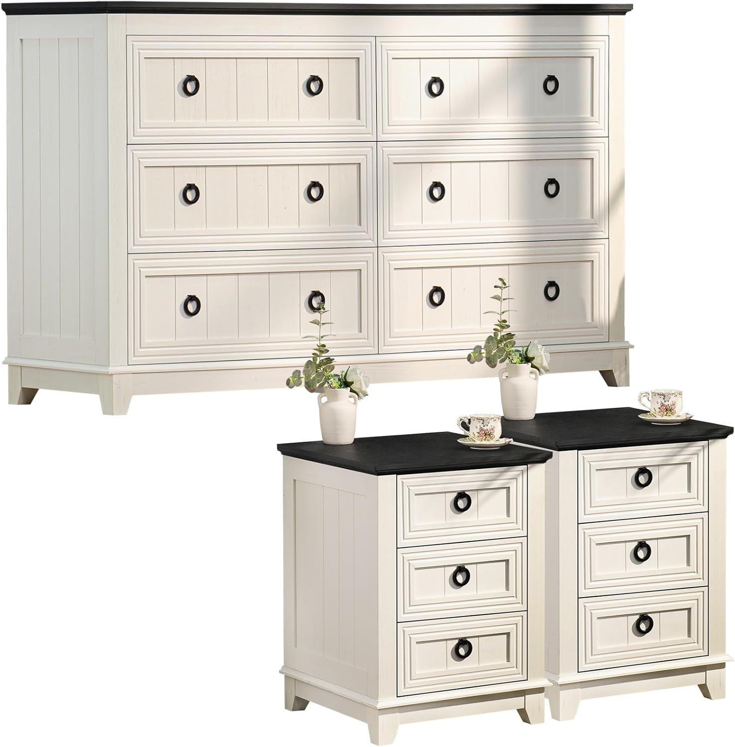 Farmhouse Dresser and Nightstand Sets 3 Piece, Nightstands Set of 2 and 6 Drawers Dressers for Bedroom, 54" Wide Dresser and 18" Inch Night Stand Set for Bedroom, Living Room, Hallway
