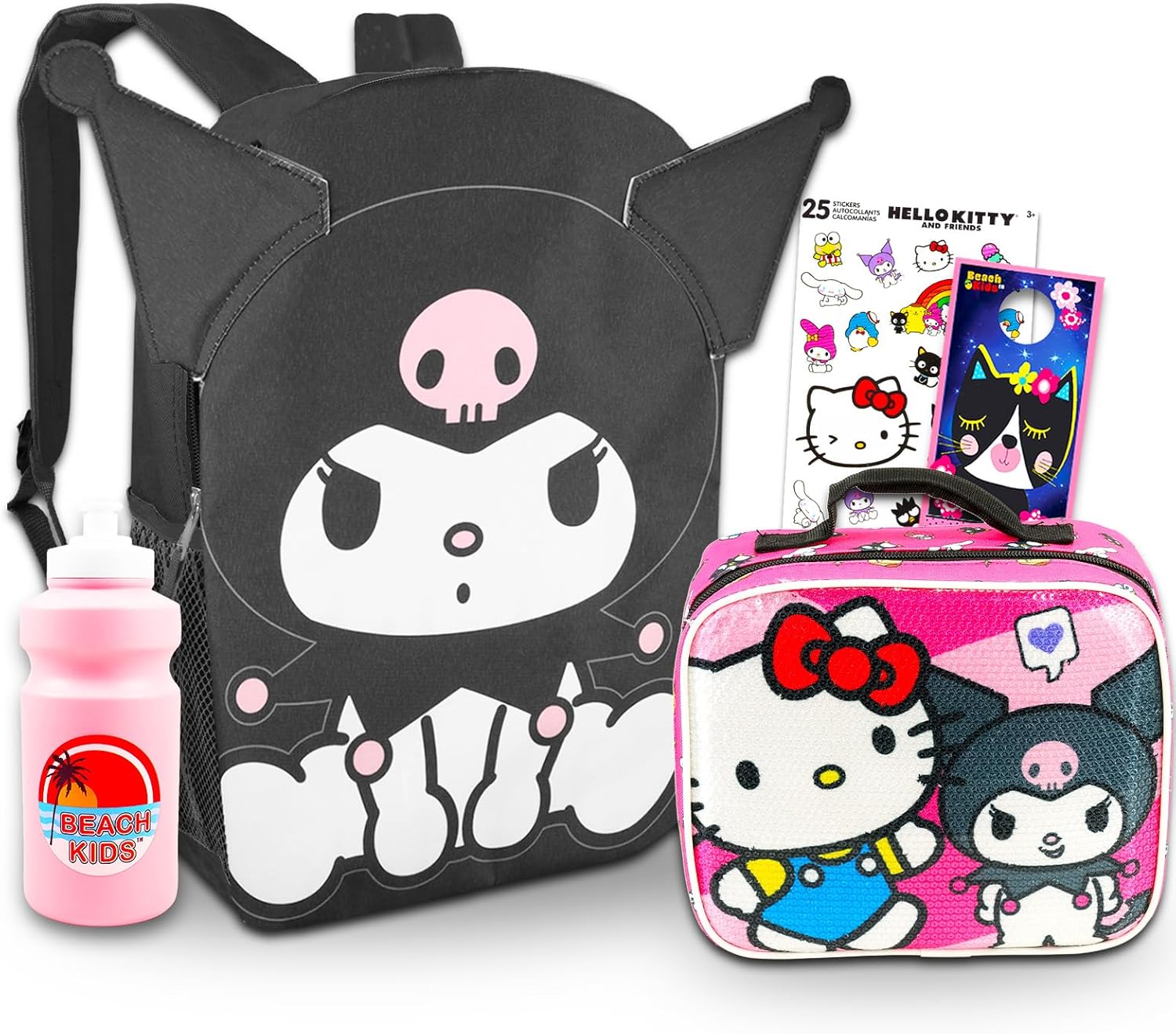 Kuromi Backpack and Lunch Box Set for Girls - Bundle with 16” Kuromi Backpack, Lunch Bag, Water Bottle, Stickers, More | Hello Kitty and Friends Backpack Set