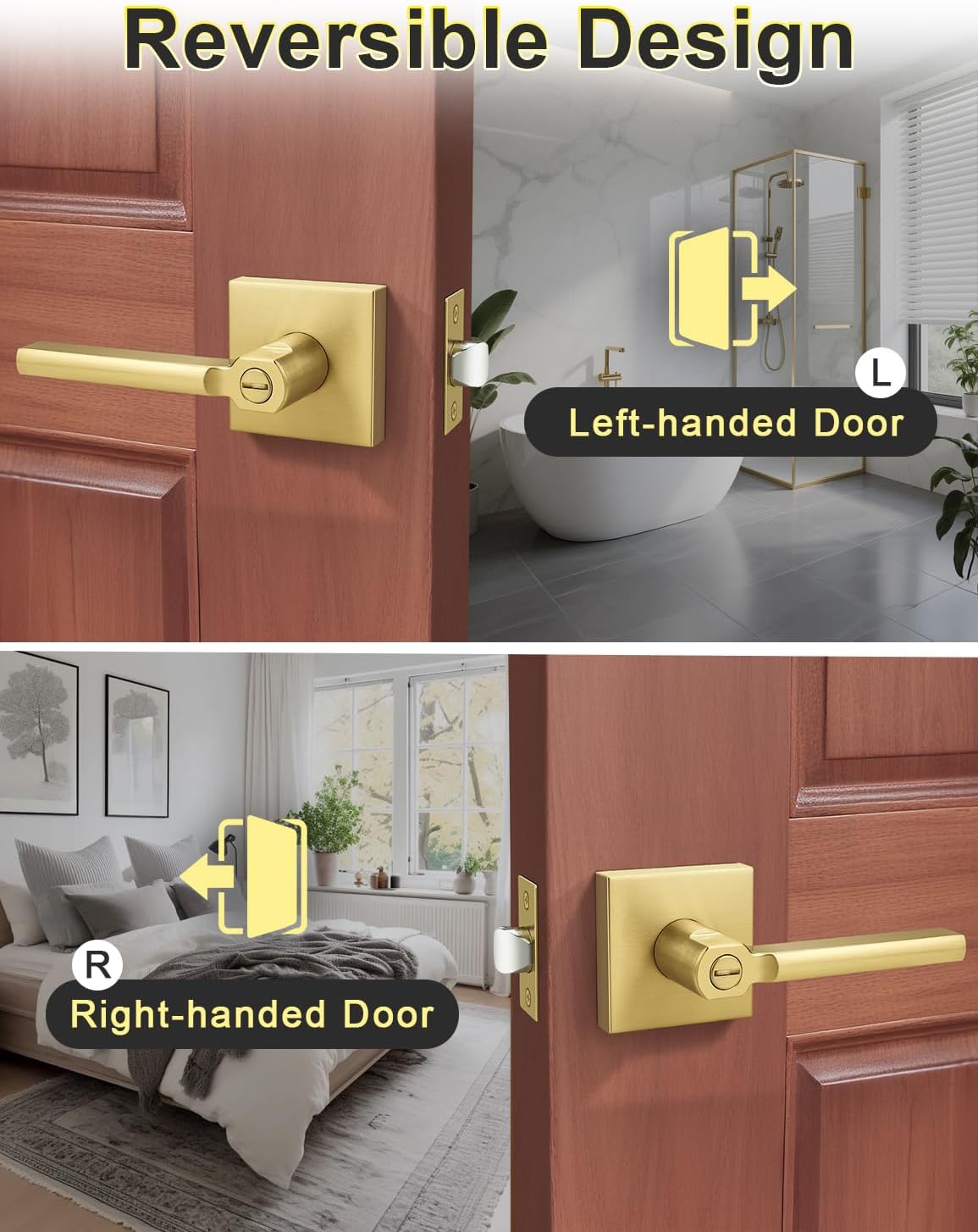 Tinewa 6 Pack Square Gold Privacy Interior Door Levers, Satin Brass Finish, Bed/Bath Door Levers Keyless Interior Handles Locksets