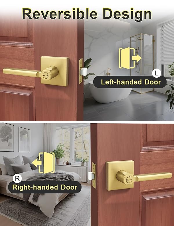 Tinewa 1 Pack Square Gold Privacy Interior Door Levers, Satin Brass Finish, Bed/Bath Door Levers Keyless Interior Handles Lockset by Tinewa - Image 5