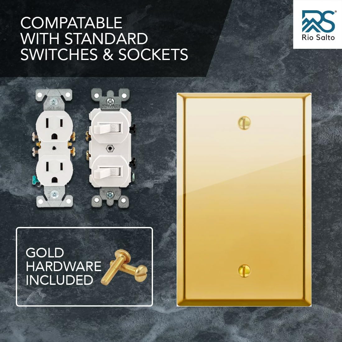 Rio Salto BRASS High Polish Gold Blank Wall Plate STANDARD SIZE Metal Outlet Cover for Unused Outlets Wall Switch Covers Child Safe Device Outlet Safety (Polished Brass 1 Pack)