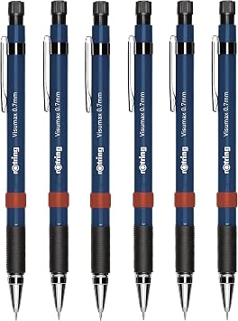 rOtring Visumax Mechanical Pencils - 0.7mm - Pack of 6 - Refillable - Twist Out Eraser - Rubber Grip Dark Blue Barrels