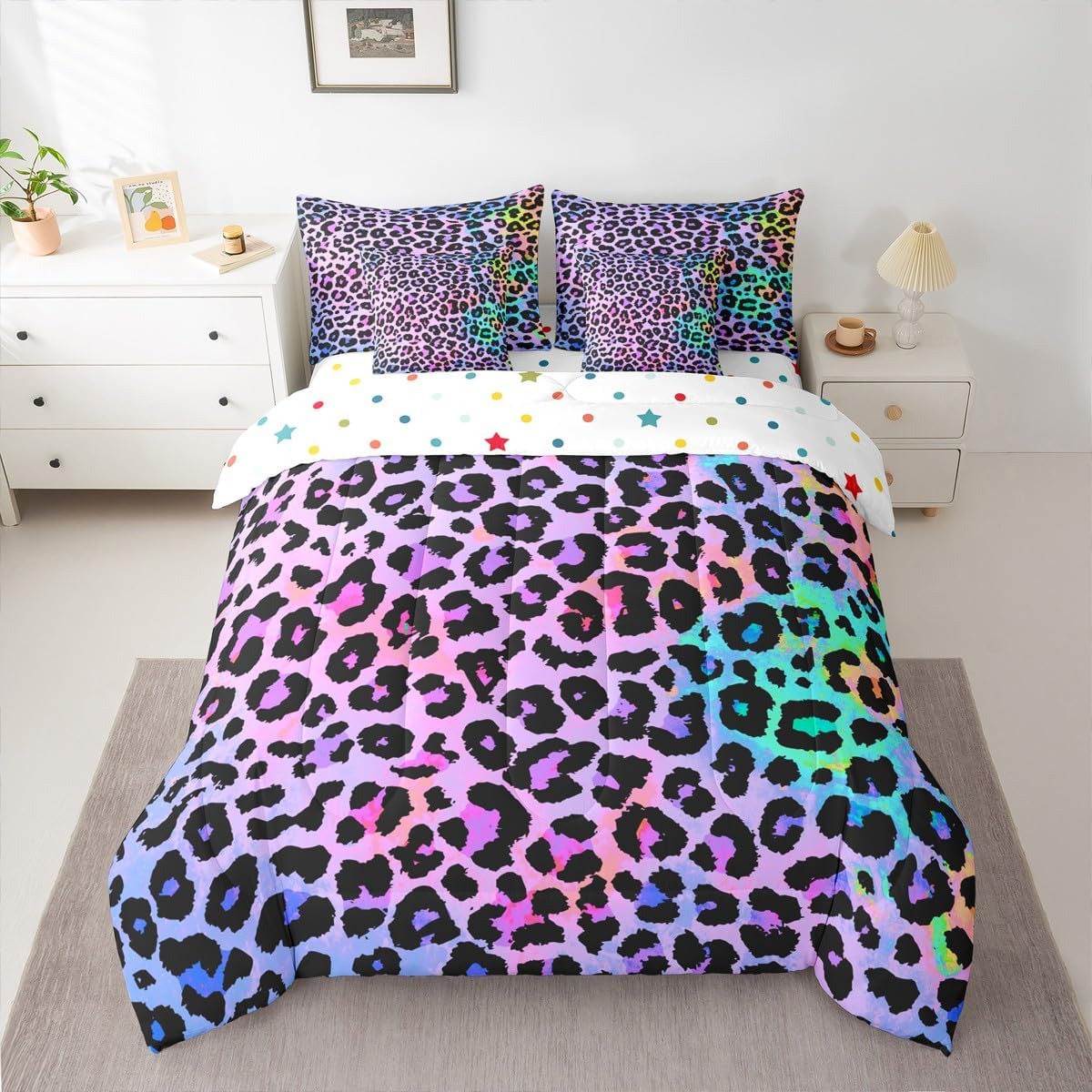 Purple Leopard Print Queen Comforter Set with Sheets Watercolor Cheetah Print 7-Piece Bedding Set Rainbow Ombre African Big Cat Fur Bed in a Bag, Tie Dye Animal Hide Spot Bed Sets,Room Decor Aesthetic
