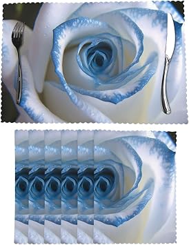 Blue and White Rose Placemats Set of 6 Vinyl Washable Wipeable Table Mats for Kitchen Dining Table Heat Resistant Modern Indoor/Outdoor Placemat Non-Slip Weave Place Mats 12" x 18"