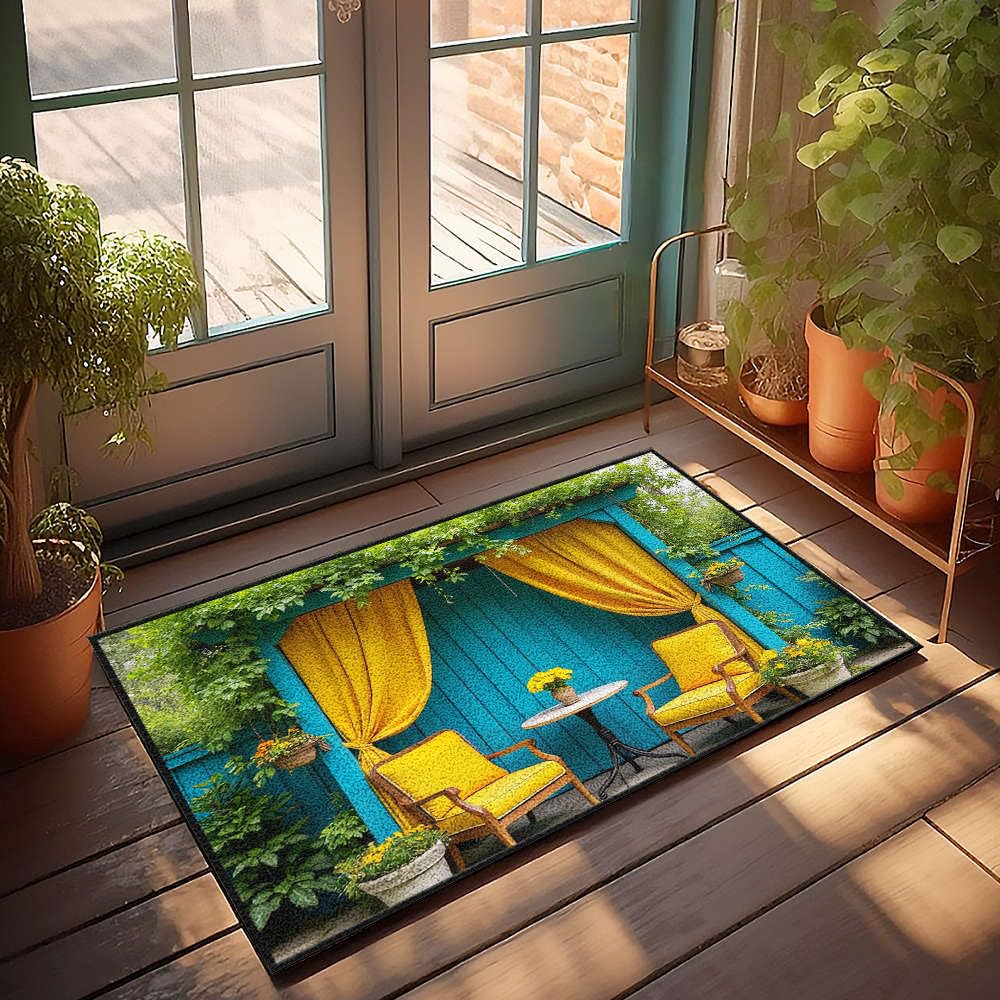 Tapis de porte intérieure 65x90 cm aux finitions soignées bleu et jaune
