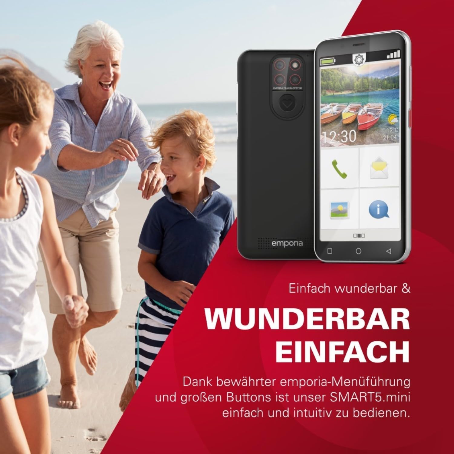 emporiaSMART.5 Mini, Seniorenhandy, 4G Volte, Senioren Smartphone ohne Vertrag, Mobiltelefon mit Notruftaste, 4,95-Zoll-Display, Android 13, 13 MP Kamera, Schwarz, E5mini/E5m 001