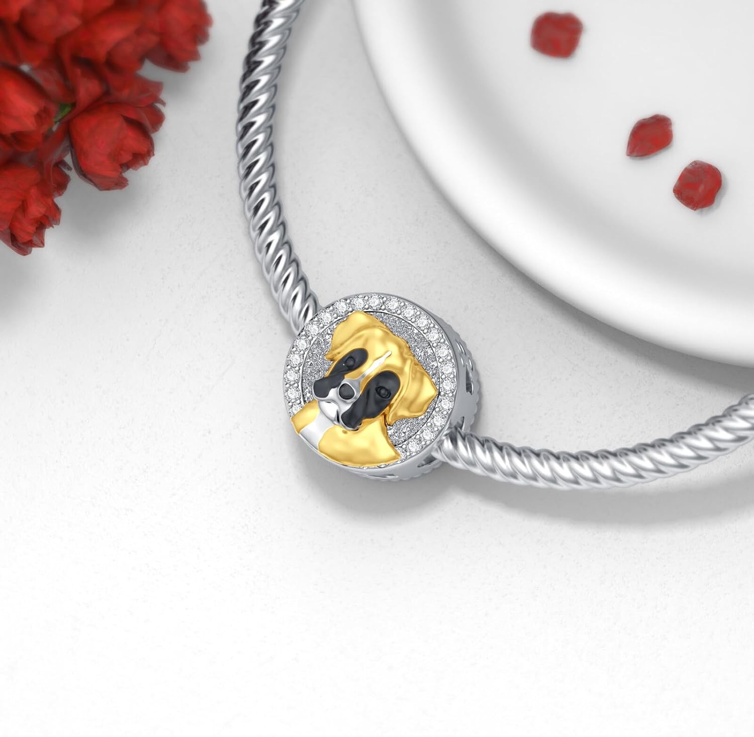 PEIMKO Personalized Dog Breed Photo Charms Bead for Bracelet Enamel Puppy Charm Sterling Silver Customized Picture Charm Bead for Women