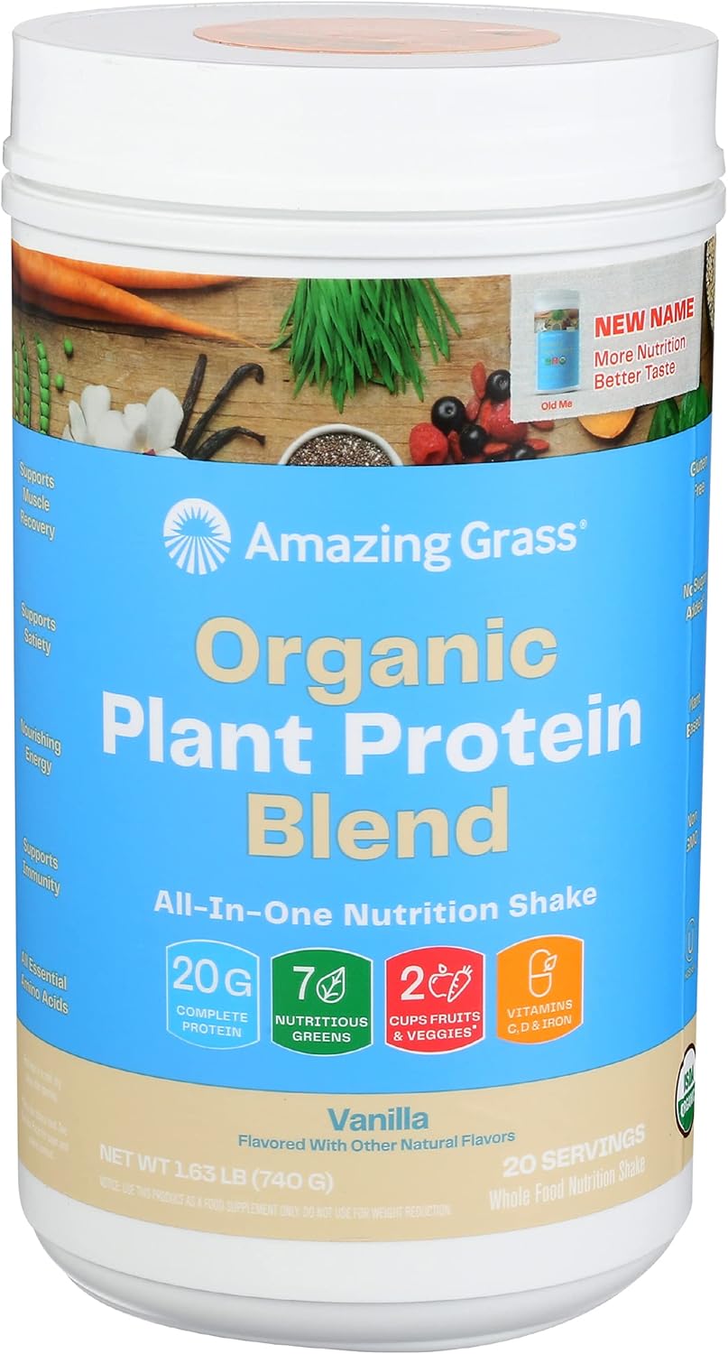 Amazing Grass Organic Plant Protein Blend: Vegan Protein Powder, New Protein Superfood Formula, All-In-One Nutrition Shake with Beet Root, Pure Vanilla, 20 Servings