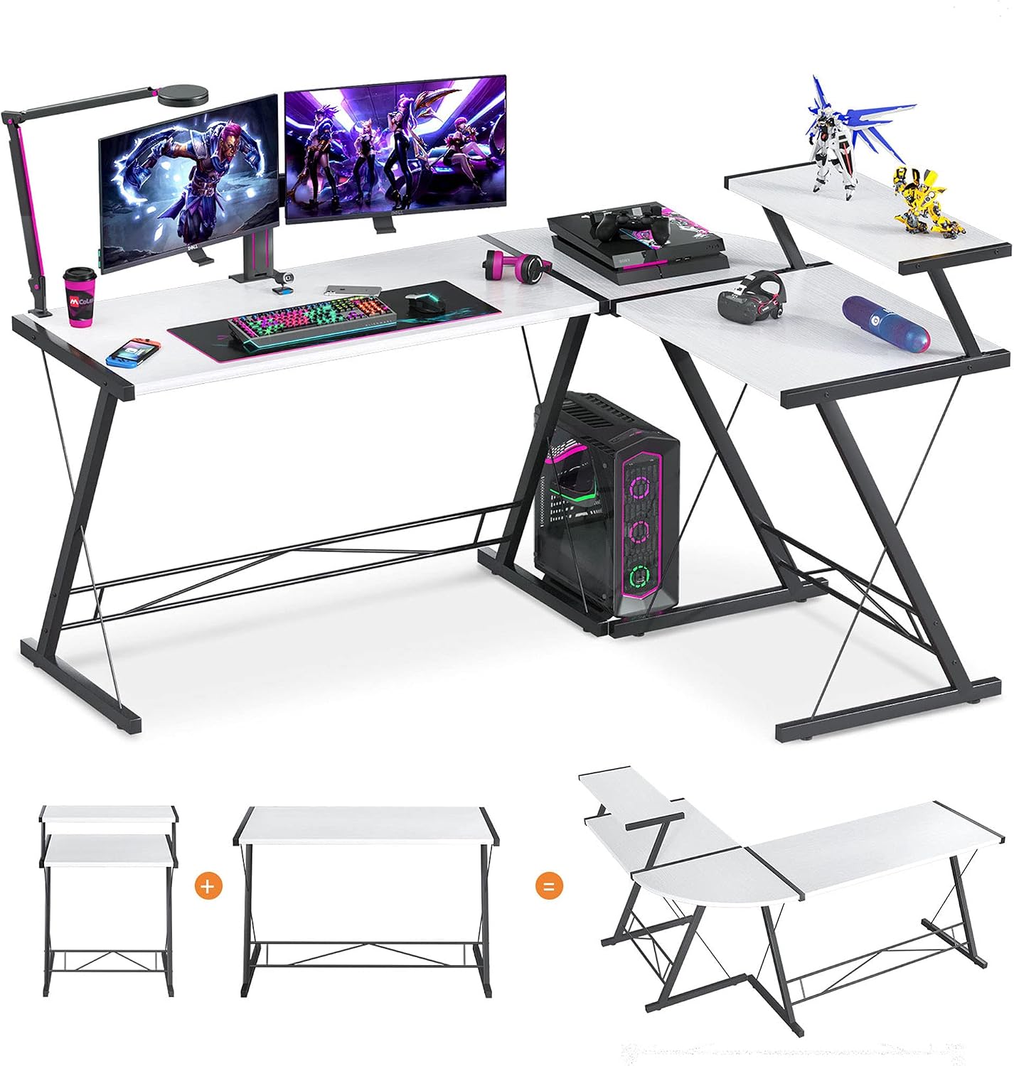 Extra Large L Shaped Desk L Desk Gaming Computer Corner Desk with Round Corner with Monitor Stand for Gaming Desk Home Office Writing Workstation, White