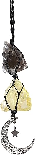 BOHO GARDEN Hanging Car Charm - Smoky Quartz & Citrine - Dangling Moon, Healing Crystal Accessories, Rearview Mirror Decorations ÐGrounding, Cleansing, Protection, Joy, Abundance, Clarity, Energy