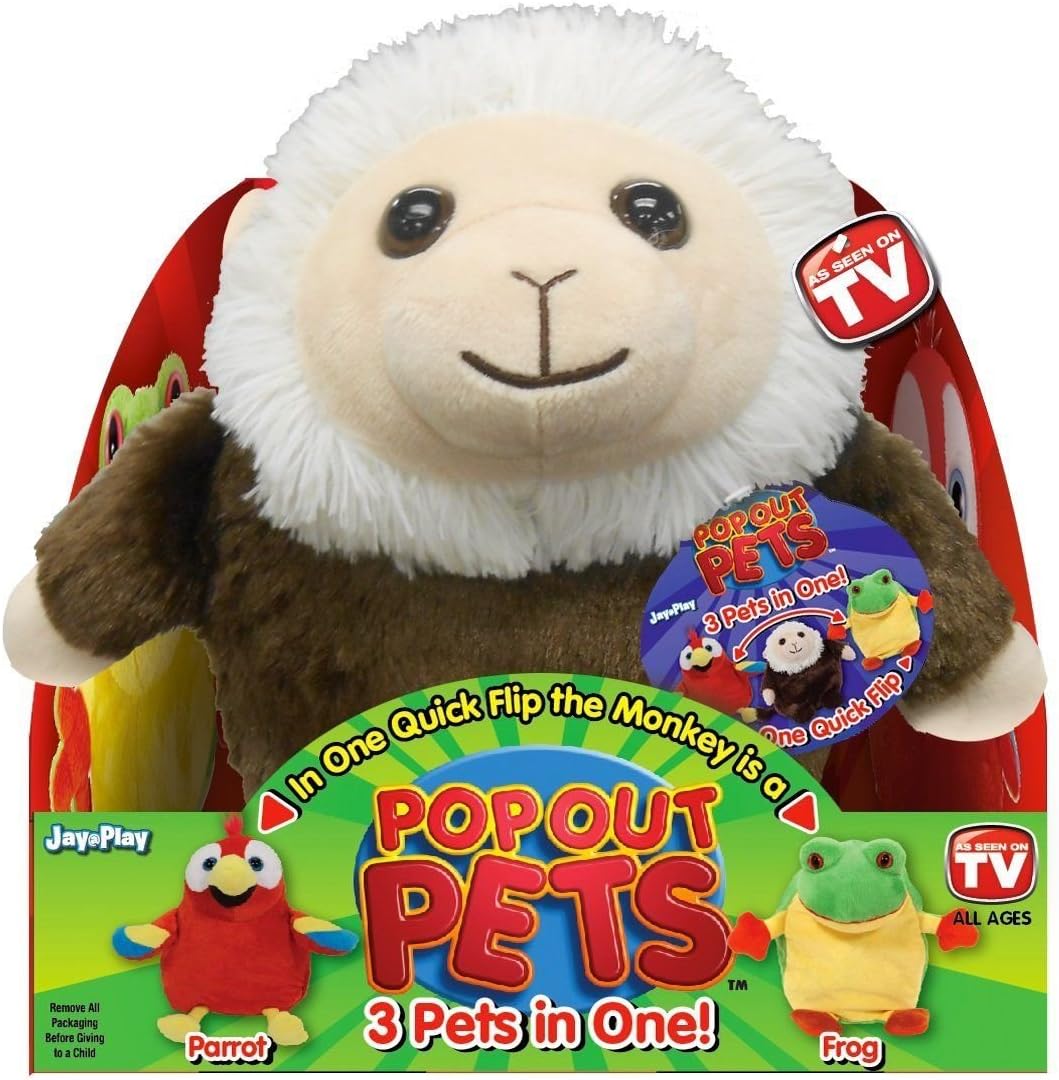 Pop Out Pets Rain Forest, Reversible Plush Toy, Get 3 Stuffed Animals in One - Parrot, Frog & Monkey, 8 in.