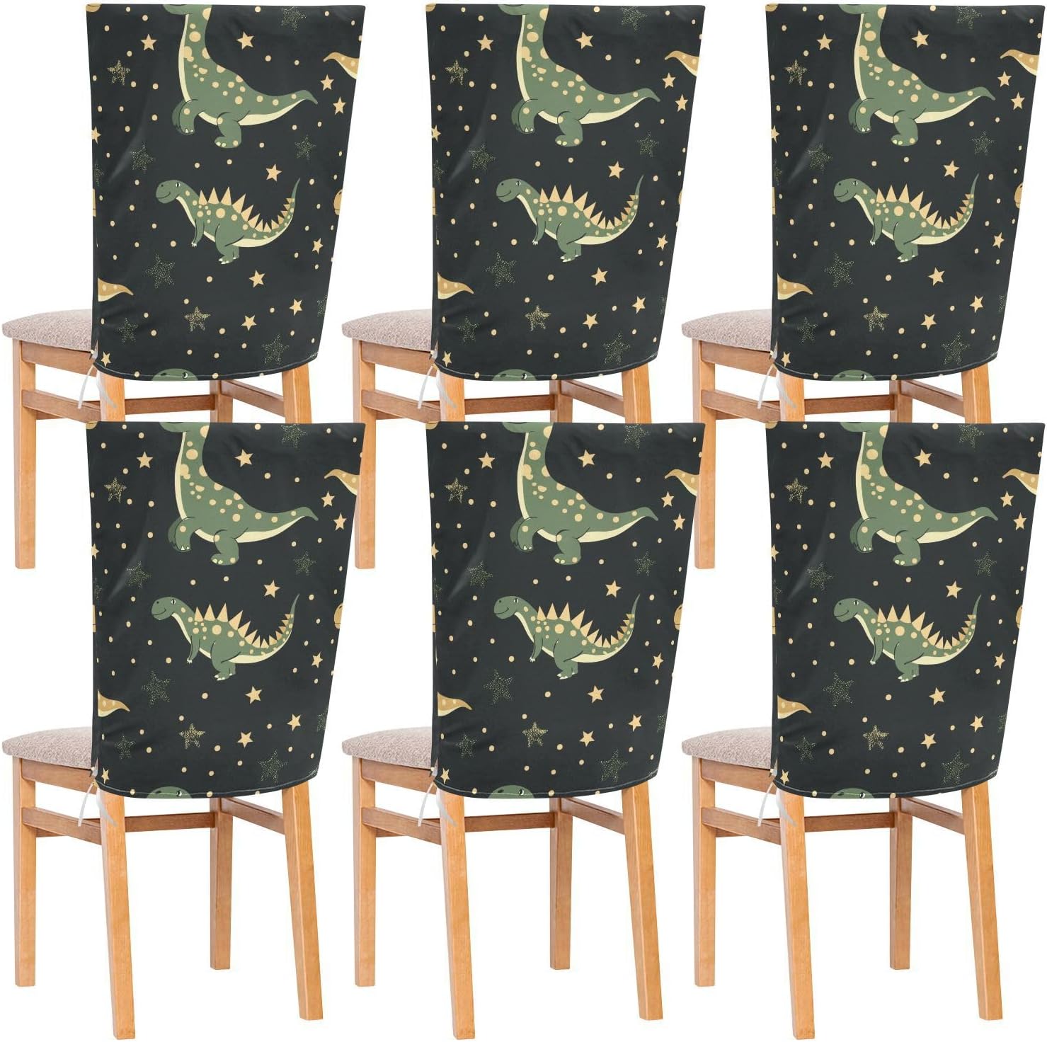 ALAZA Dinosaur and Stars Dots Chair Back Cover Set of 6, Washable Reusable Removable Chair Slipcovers Decorative Chair Cover for Home Kitchen Wedding Party