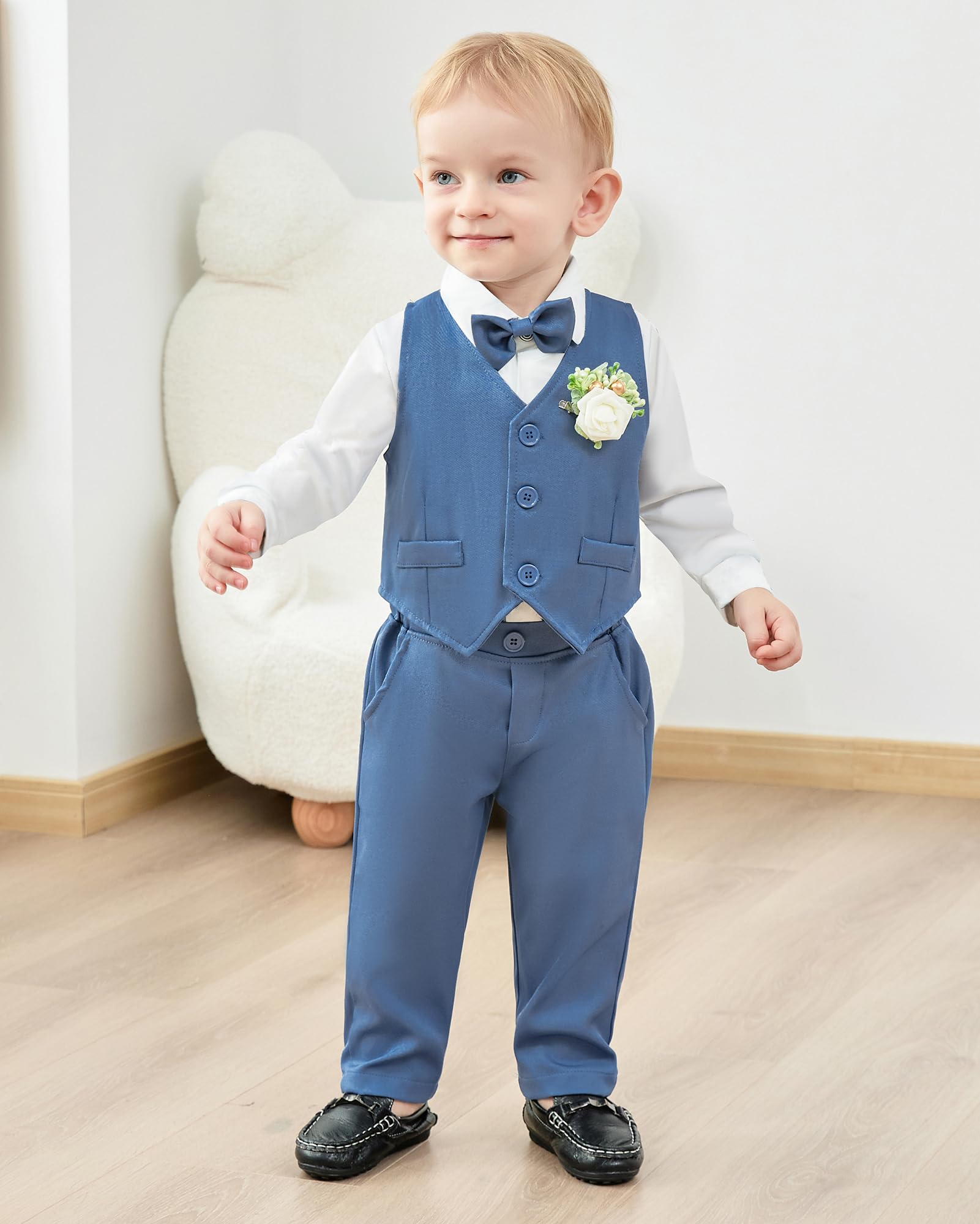 ZOEREA Ensembles Bébé Garçon Gentleman Smoking Vêtements 0-18 Mois, Enfant Mariage Vêtements Manches Longues Chemise + Gilet + Nœud Papillon + Corsage + Pantalon