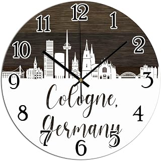 Germany Cologne City Skyline Wall Clock 15 Inch Silent Non Ticking Clock Wooden Cologne Silhouette Wall Clock Battery Operated Rustic Farmhouse Wall Clock Decor for Kitchen Bedroom