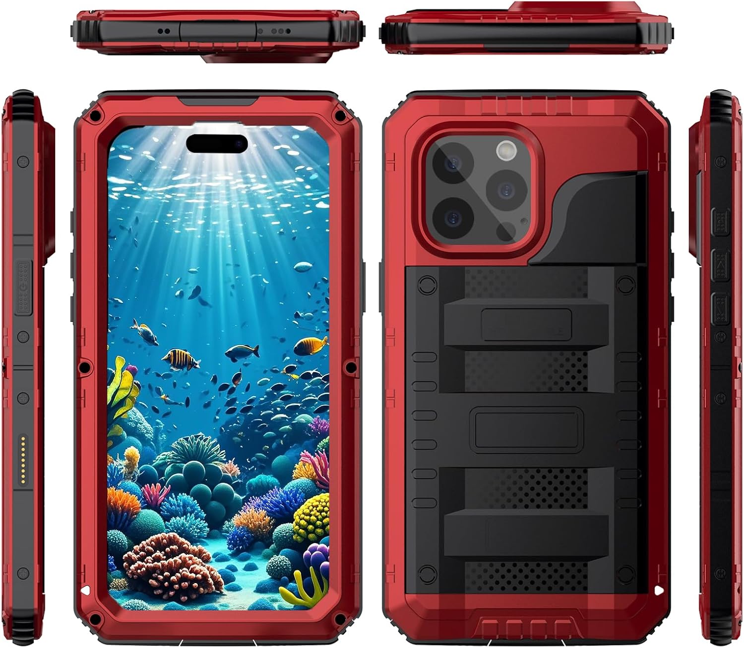 Marrkey Waterproof Case for iPhone 16 Pro, Heavy Duty Durable Metal Full Body Built-in Screen Protection Case Shockproof Dustproof Rugged Military Grade Defender for iPhone 16 Pro - Red