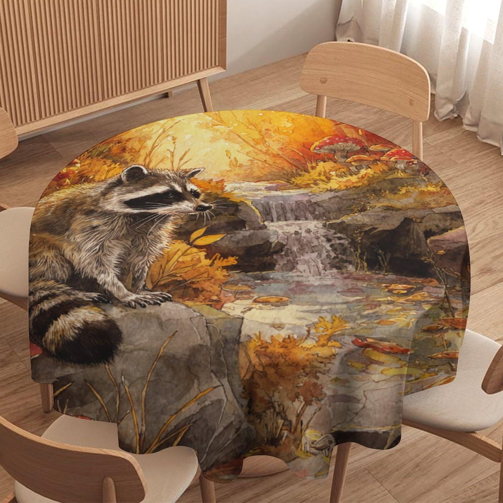 LUYYSKY Retro Realistic Cute Raccoon Round Tablecloth Vintage Rustic Autumn Maple Leaves Mushroom Animal Raccoon Washable Decor for Table Cover for Kitchen-177.8" Wx177.8 L cm