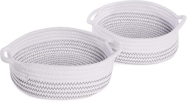 Cotton Rope Storage Baskets - Set of 2 | White with Black Thread | Storage Basket & Organiser | Desk Organiser | Perfect for Bathroom Essentials | M&W