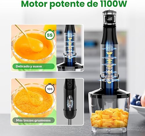 Miniatura 2 de Batidora de inmersión de mano con cable turelar, juego de licuadoras de mano de 1100W, disparador de velocidad variable 5 en 1 con palillo
