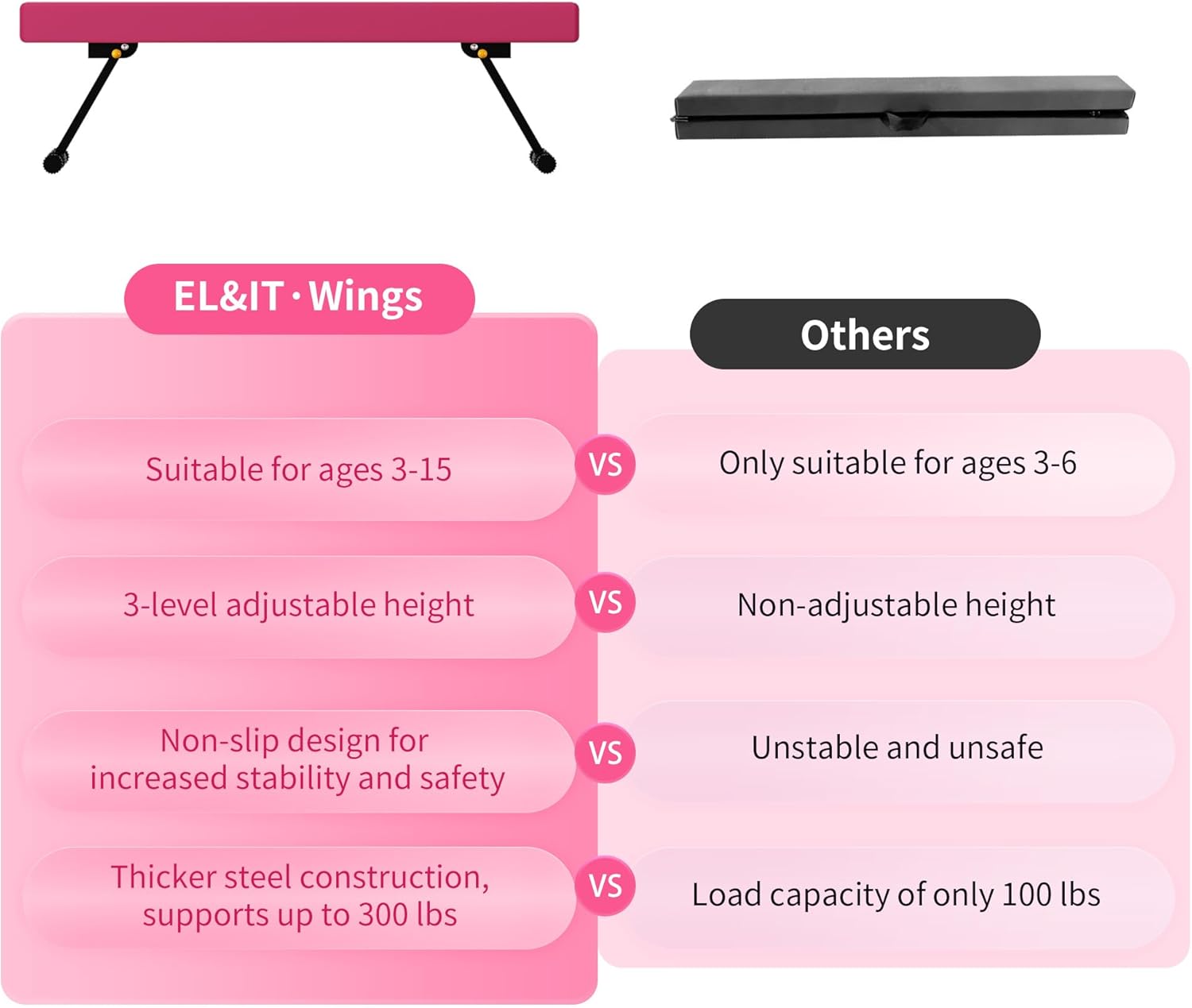 EL&IT·Wings 6FT/8FT Gymnastic Balance Beam for Kids, Adjustable Balance Beam with Leg, High and Low Level Floor Beam, Gymnastics Equipment for Home and Gym Center