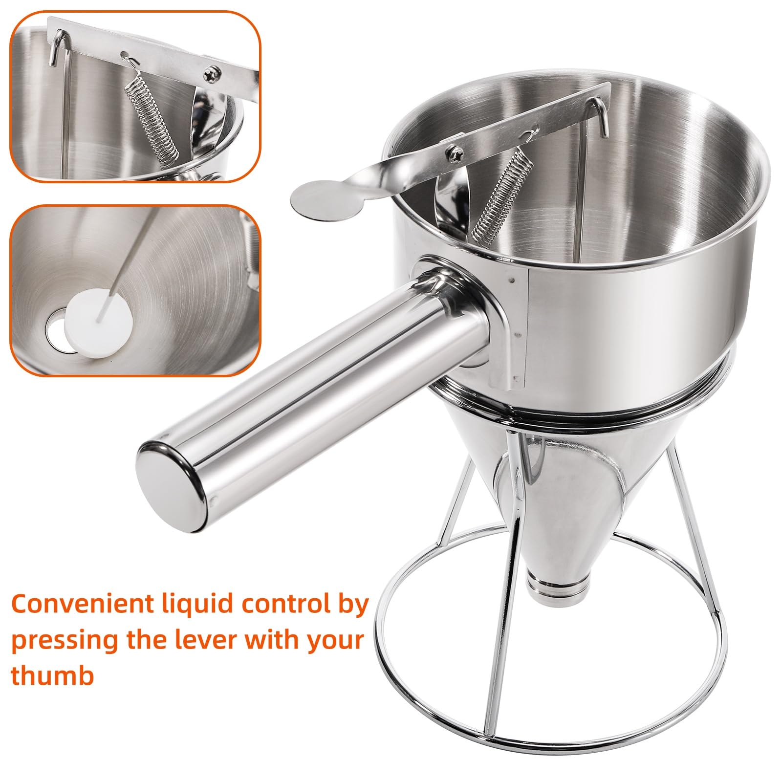 WRINGKIT Dispensador de masa de panqueques de acero inoxidable de 20 onzas, dispensador de pasteles con mango de soporte, vertedor de panqueques de calibre múltiple para cupcakes, donas, gofres o