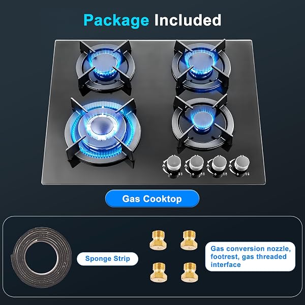 Victoam 7400W Gas Hobs 4 Burners, NG/LPG Convertible Induction Hob, 60cm Built-in Tempered Glass Panel, Electronic Lgnition + Flame Failure Protection (Black) - 3
