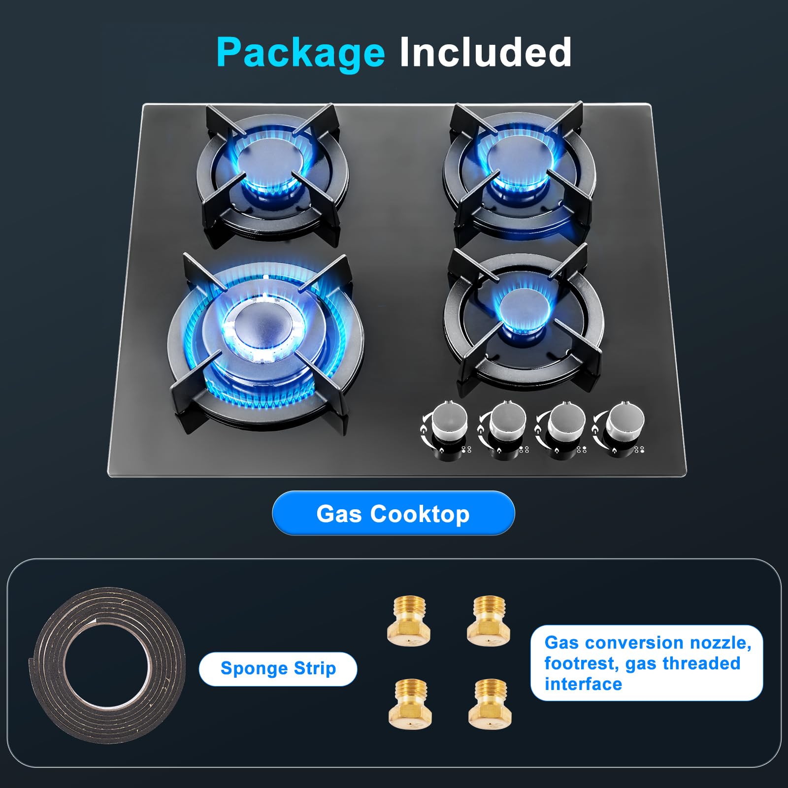 Victoam 7400W Gas Hobs 4 Burners, NG/LPG Convertible Induction Hob, 60cm Built-in Tempered Glass Panel, Electronic Lgnition + Flame Failure Protection (Black) - 4