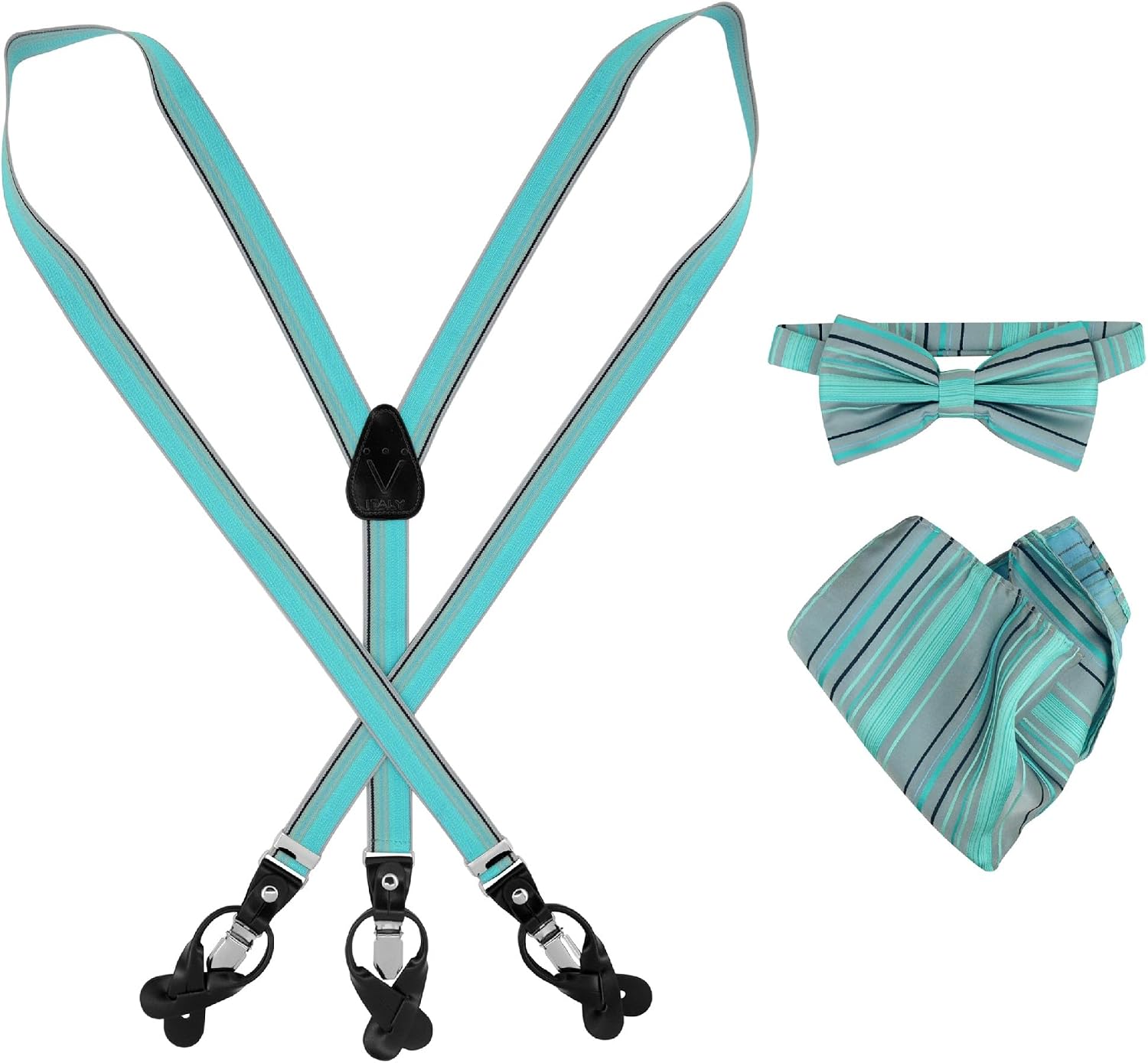 Vesuvio Napoli Men's Suspenders Box Set Bow Tie Pocket Square Hanky Suspender Buttons Clips Striped Design Colors