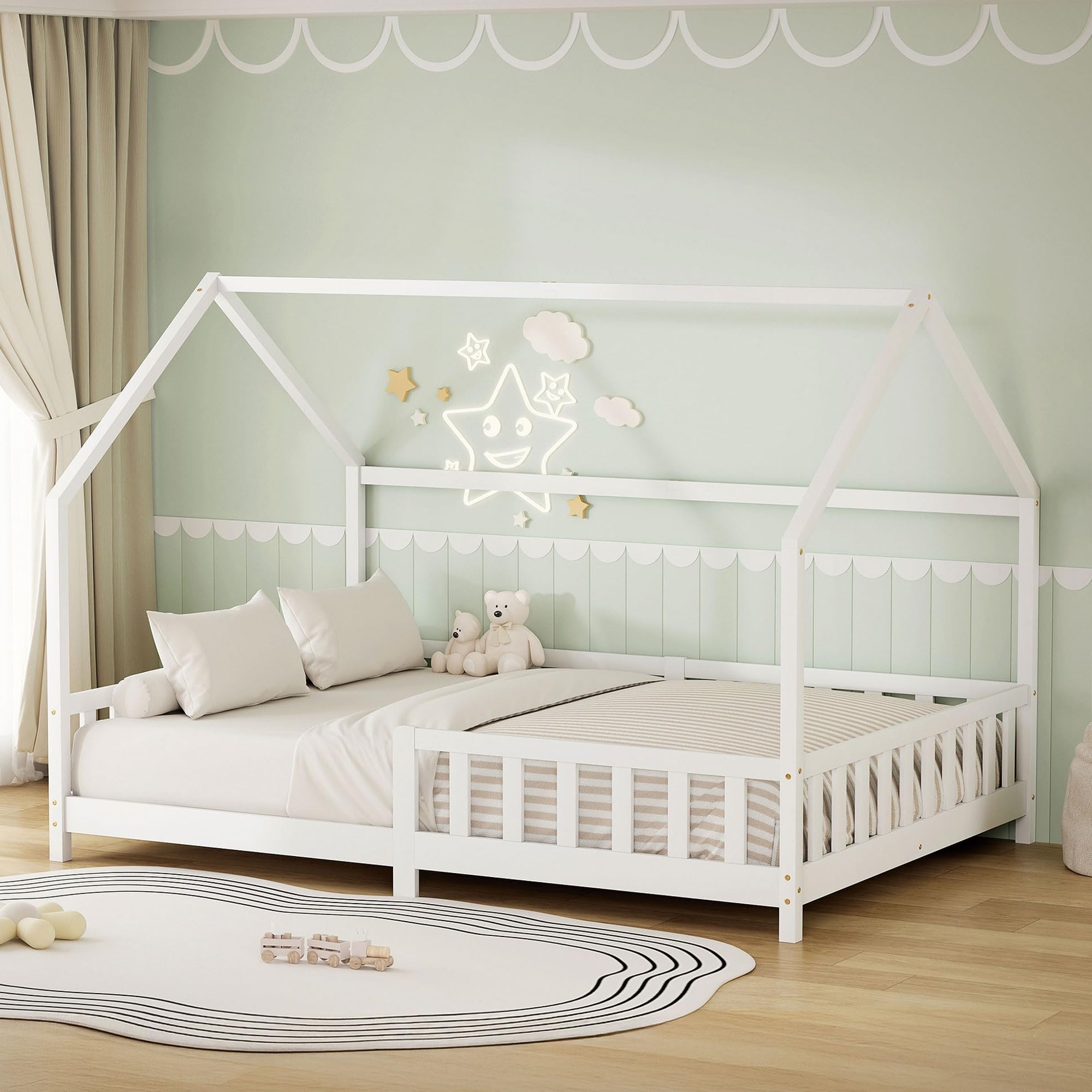 ML-Design Cama Infantil 140x200cm Blanco, con Protección Anticaída, Techo y Somier, Estructura Listones de Madera de Maciza de Pino Lecho Doble Montessori Forma de Casa Mobiliario Juvenil, para Niños