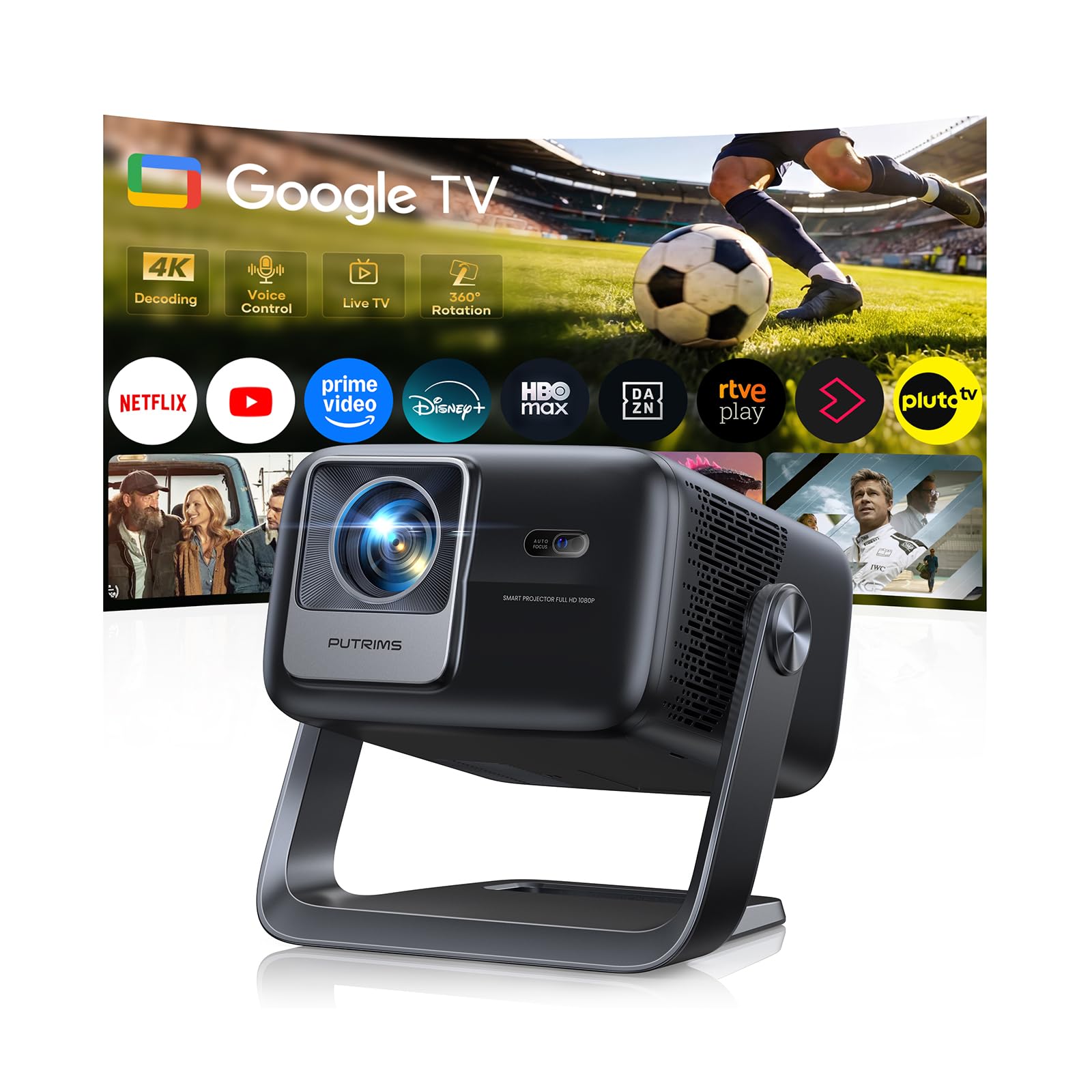 Projector 4K【Google TV/30W Speaker/360°Rotable】1200ANSI Portable Projector with Official App,Voice Assistant,Auto Focus/Keystone,HDR10,1080P FHD WiFi Bluetooth Smart Projector for Home Cinema/Outdoor