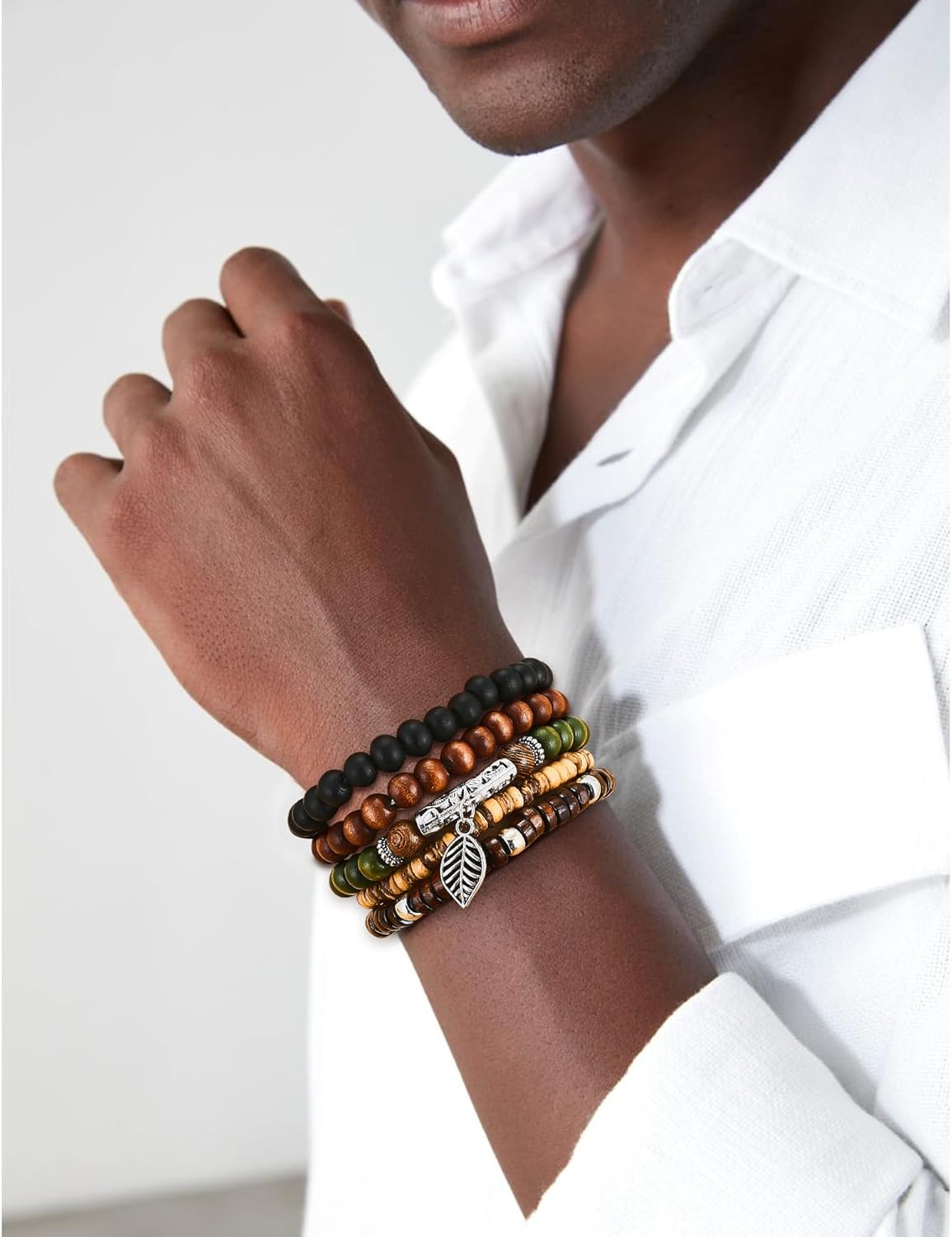 31 Pcs Wooden Beads Bracelets Set for Women Men Multi-Layered Wood Metal Wristbands Elastic Stretch Bohemian Bangle Bracelet Stack Adjustable - Image 6