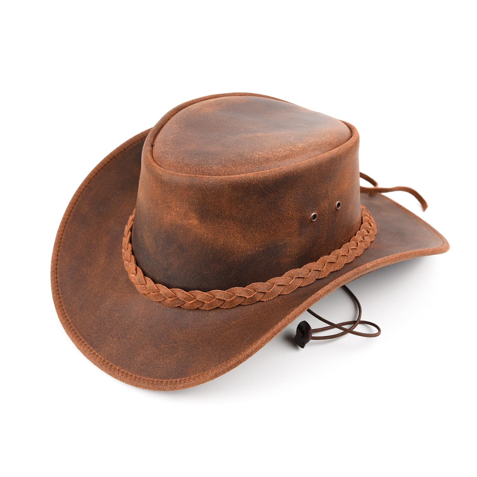 Equine Care Cappello da cowboy Outback in pelle pieno fiore, unisex, con fascia intrecciata e sottogola, stile vintage occidentale per uomini e donne, marrone