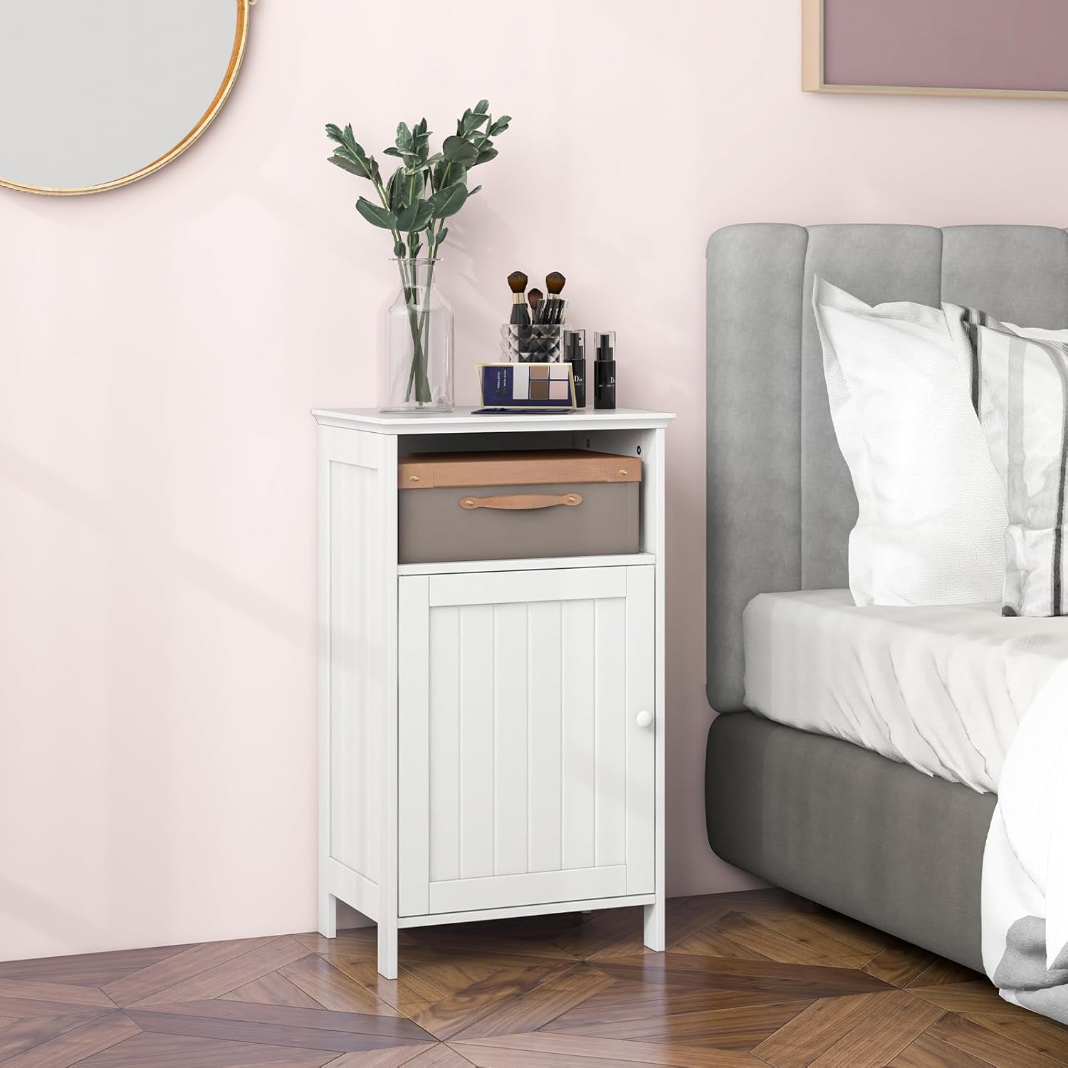 Tangkula Bathroom Storage Cabinet, Freestanding Wooden Single Door Side Floor Organizer with Adjustable Shelf, Small Bathroom Cabinet for Small Spaces, Living Room (White)