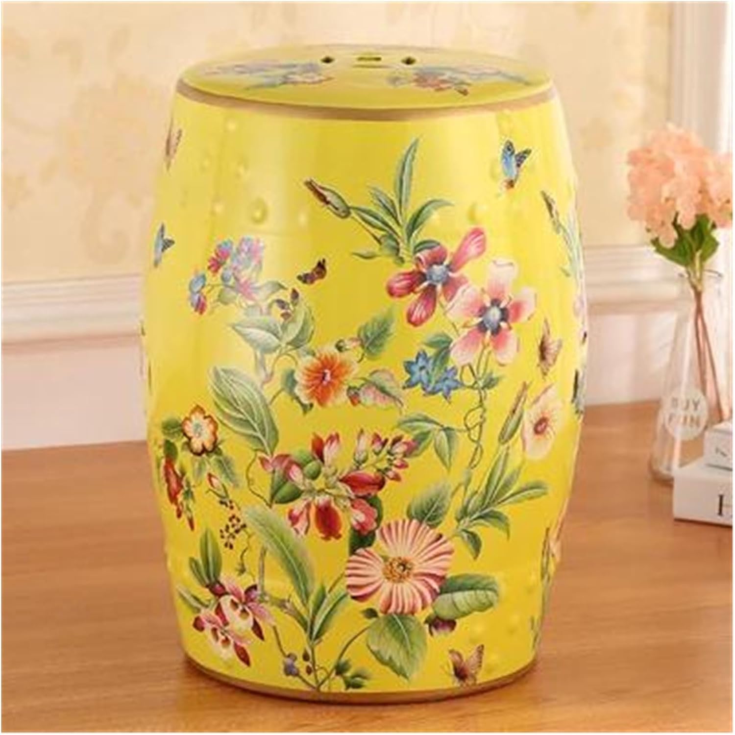 Decorative Garden Stools, Butterflies in The Flowers Classical Modern Style Ceramic Drum Stool(B)