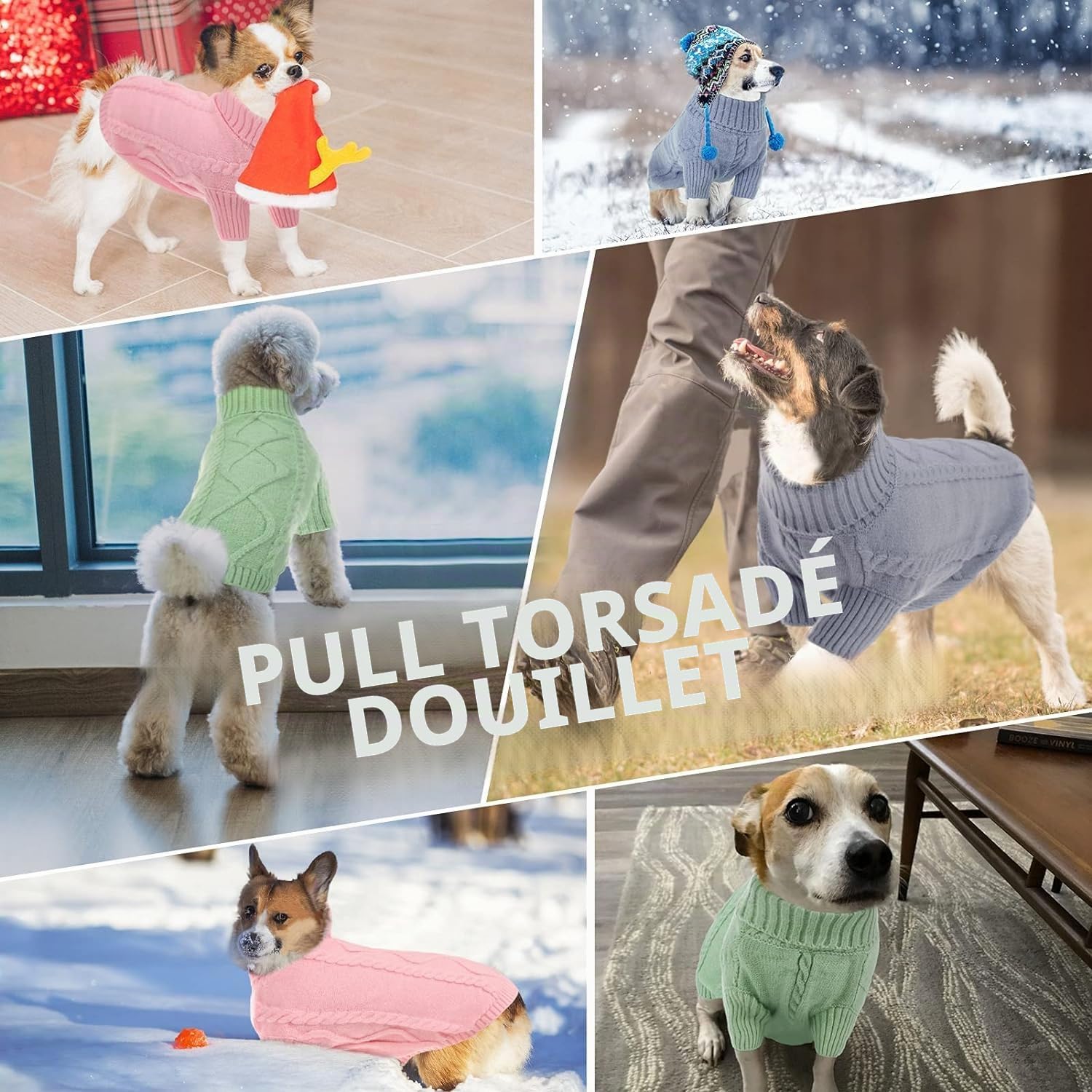 Queenmore Pull Chien Grande Taille Bouledogue Français Chaud Pull-Overs pour Chiens Pull Chihuahua Manteau Teckel Vetement pour Chien Chat d'hiver, Gris foncé, L