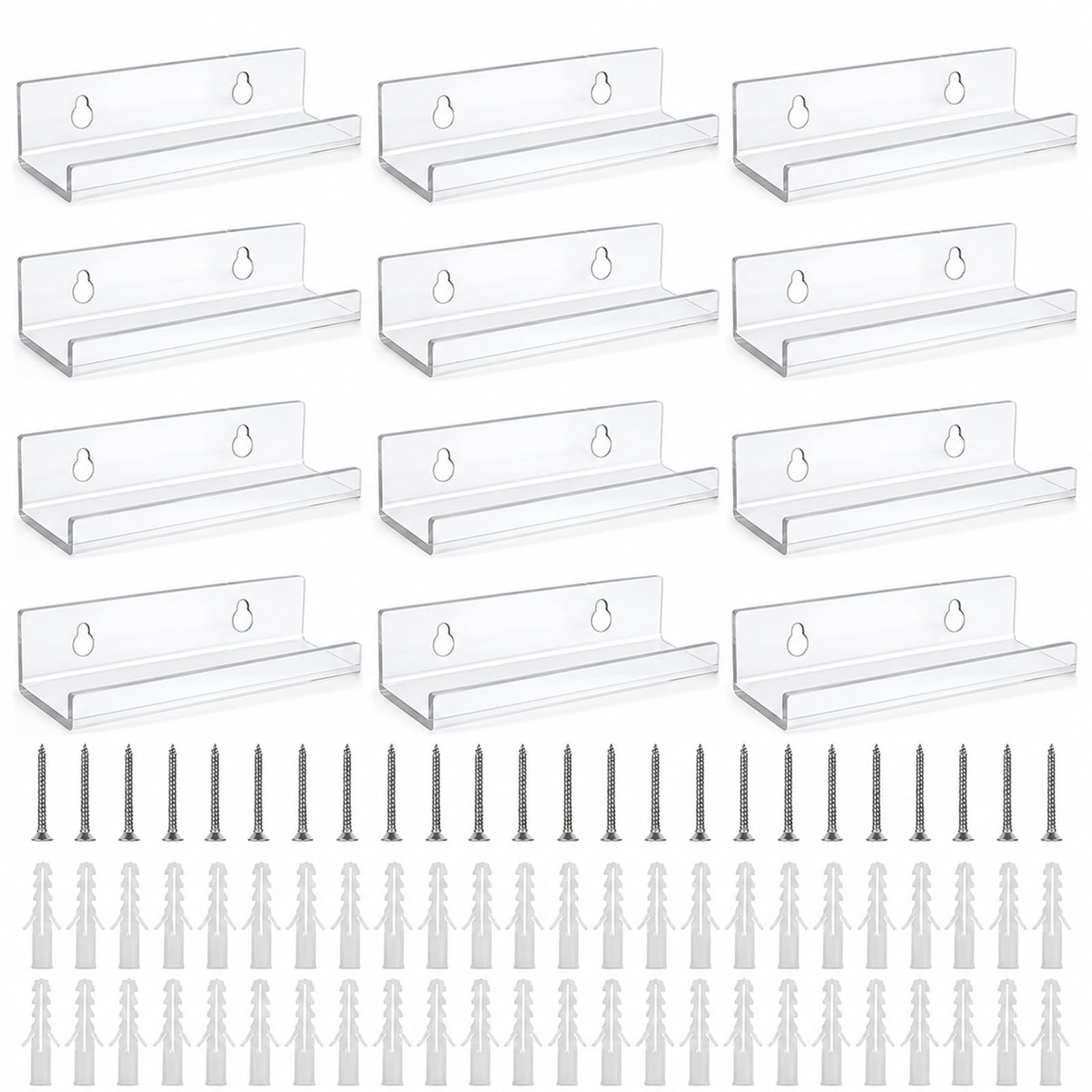 12 Pcs Clear Acrylic Vinyl Record Wall Mount Shelves – Floating Invisible Vinyl Holder & Record Storage, with Screws, Wall Plugs & Adhesive Tape, for LP/Card Display Stand, Home Decor, 10x3.5x3 cm