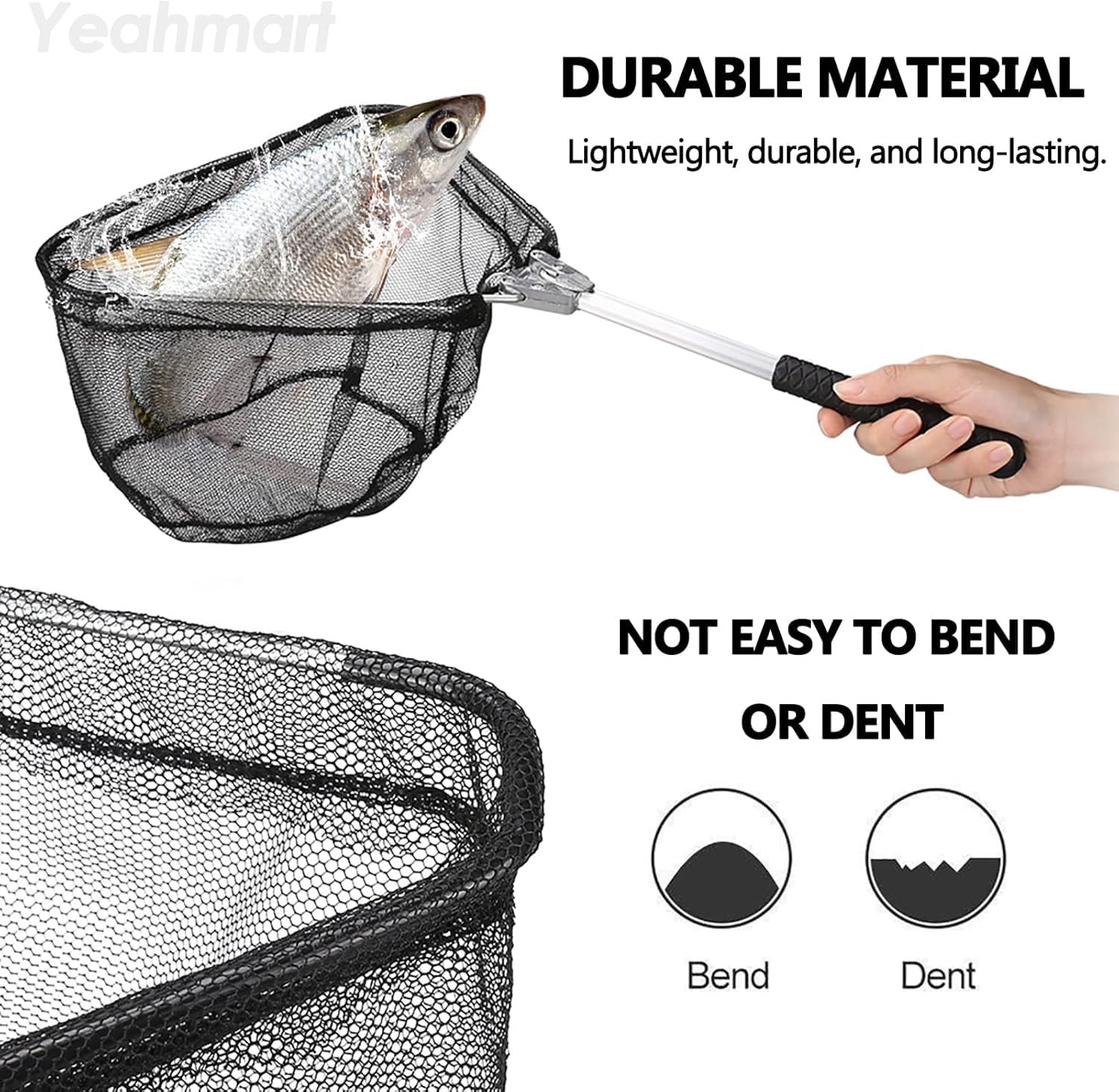 Filet de pêche pliable noir 51 cm - Épuisette pour adultes et enfants, atterrissage pour saumon et poisson-chat
