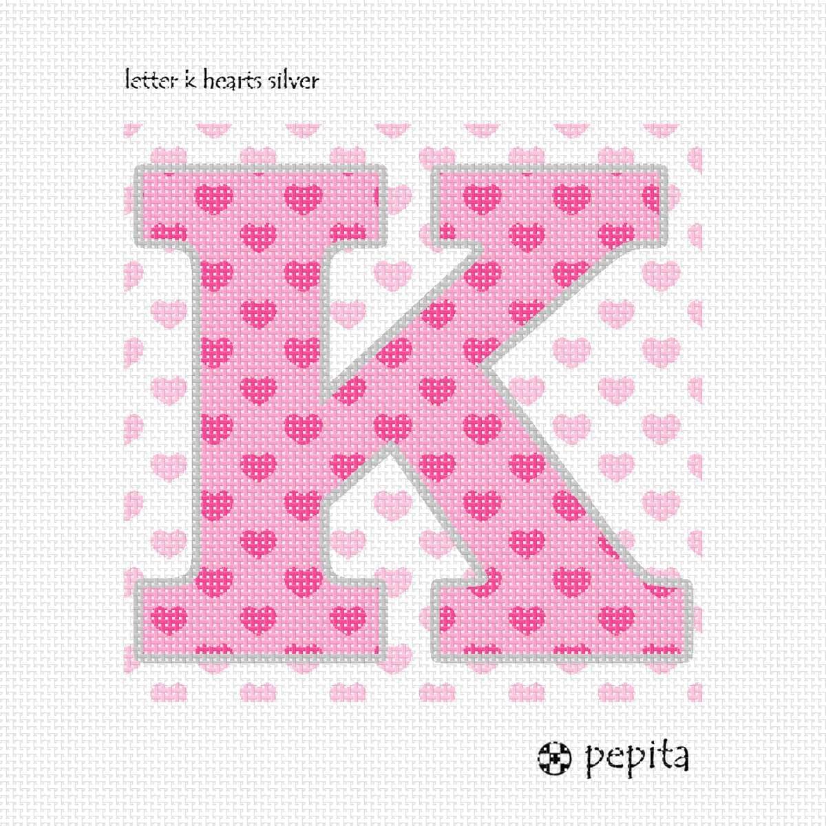 Pepita Needlepoint Canvas: Letter K Hearts Silver, 7" x 7"