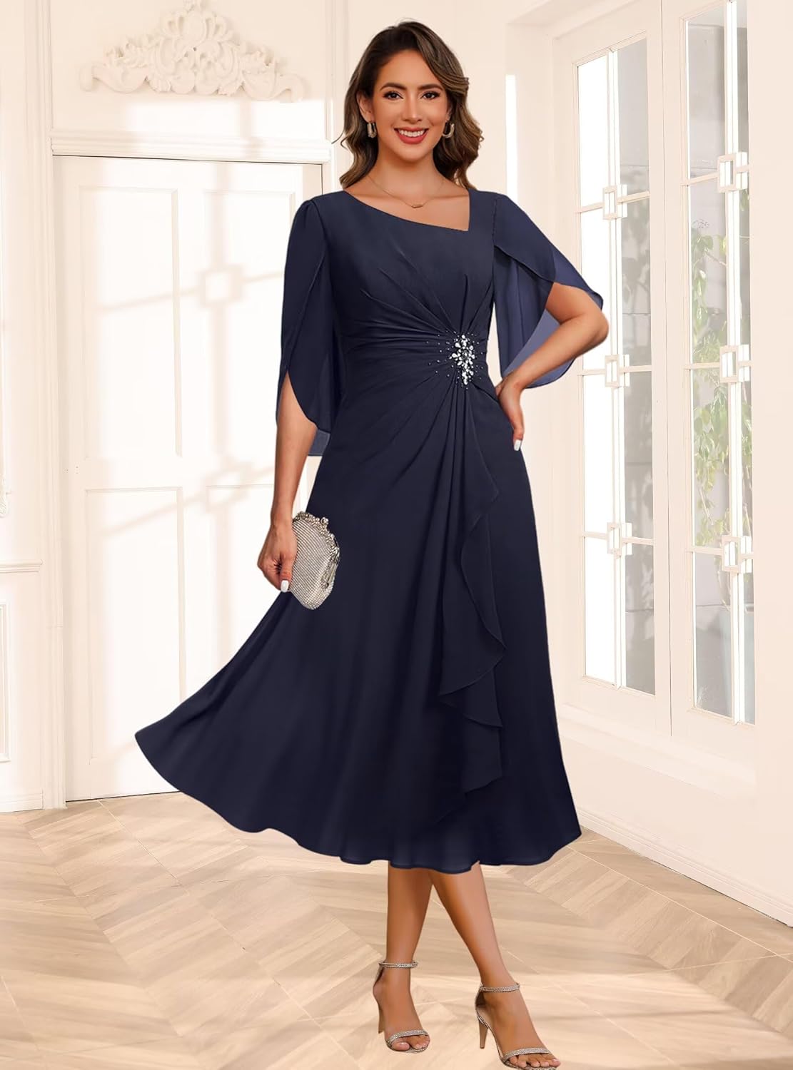 Asymmetrical Neck Mother of The Bride Dresses 2025 for Wedding Chiffon Short Flutter Sleeve Formal Evening Gown PU268