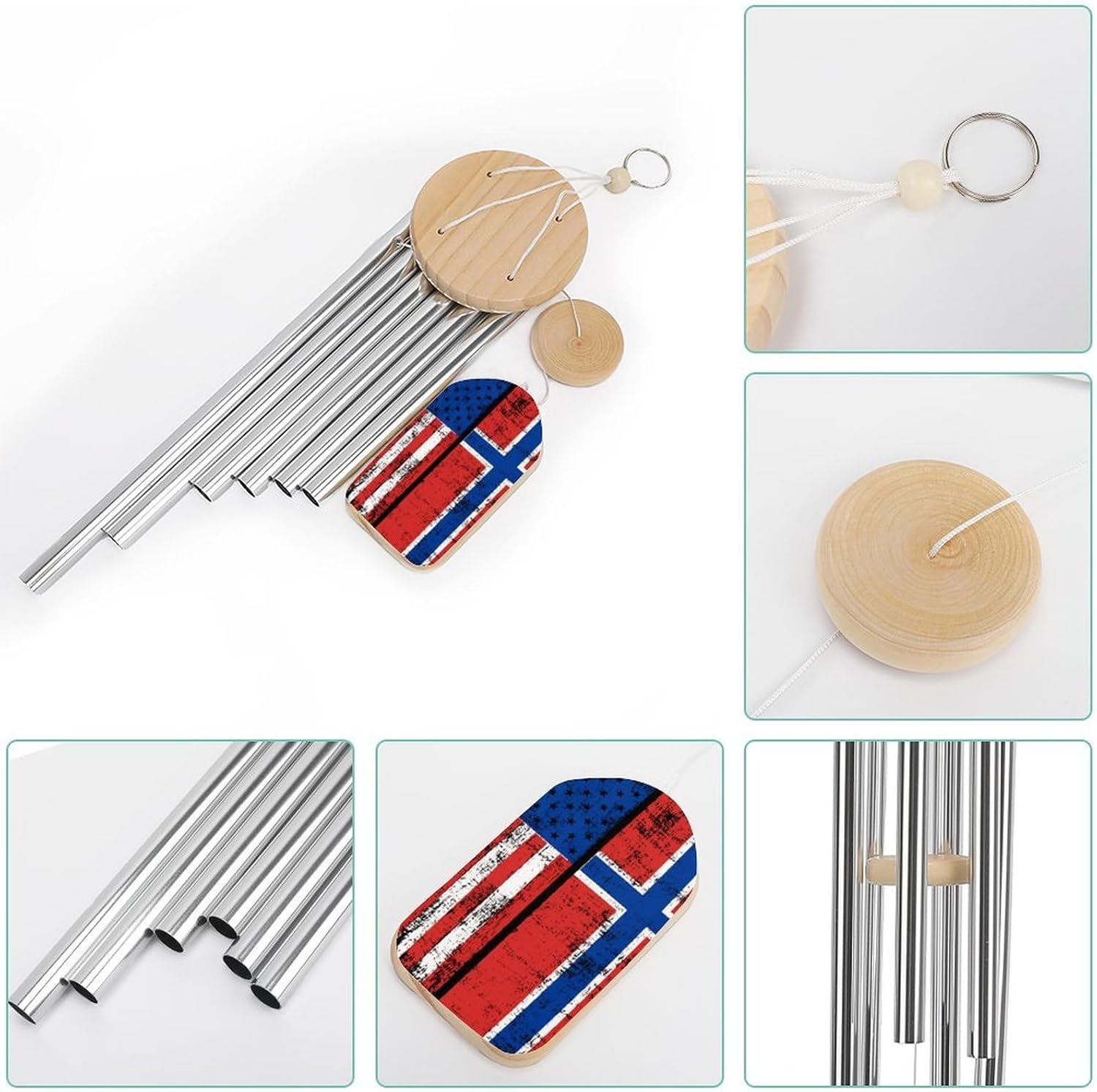 Norwegian Flag and USA Flag Wooden Wind Chimes Deep Tone Memorial Windchime for Outside Garden Home Decoration